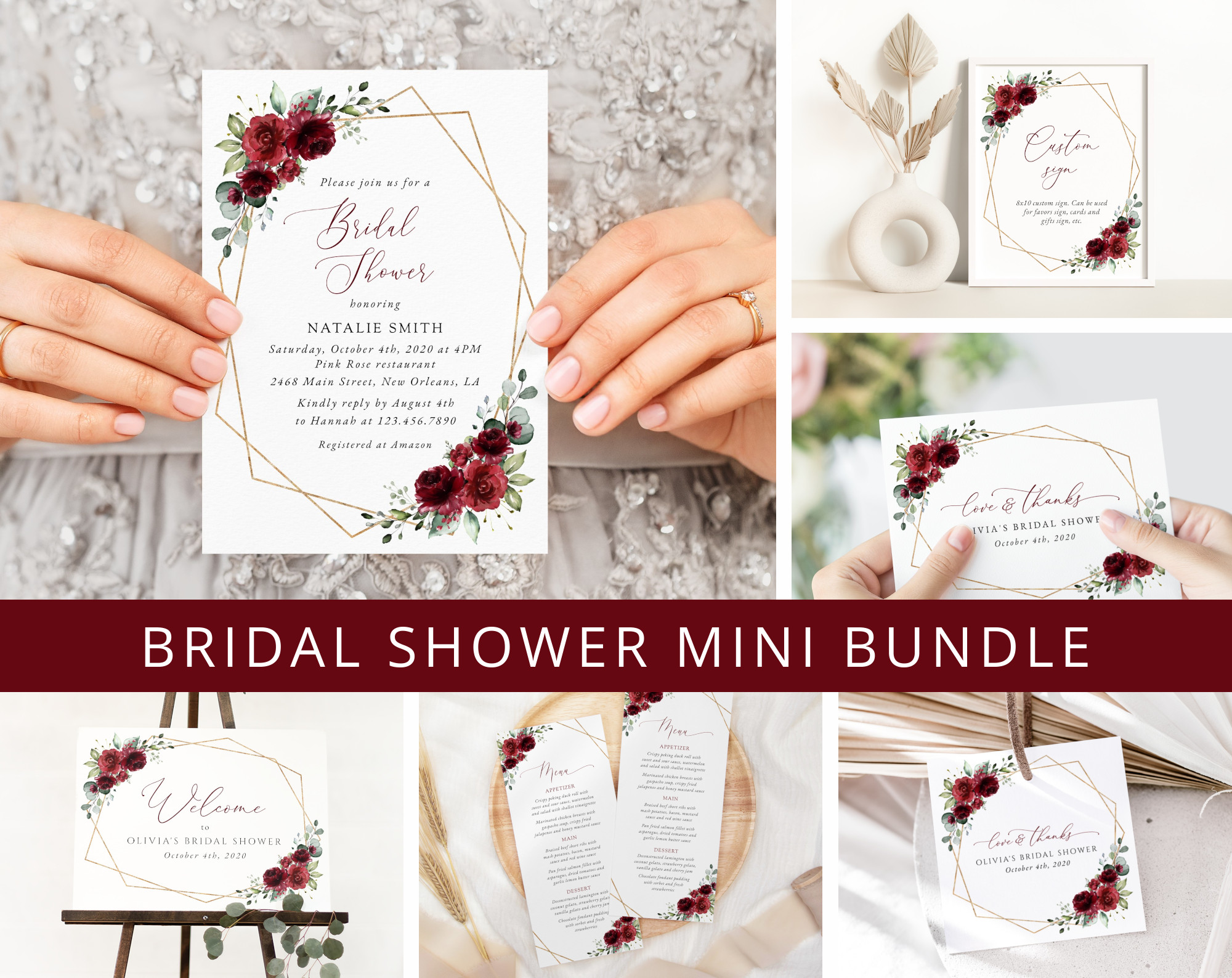 Burgundy Red Flowers Bridal Shower Mini Bundle, Printable File, Edit Yourself, SH178