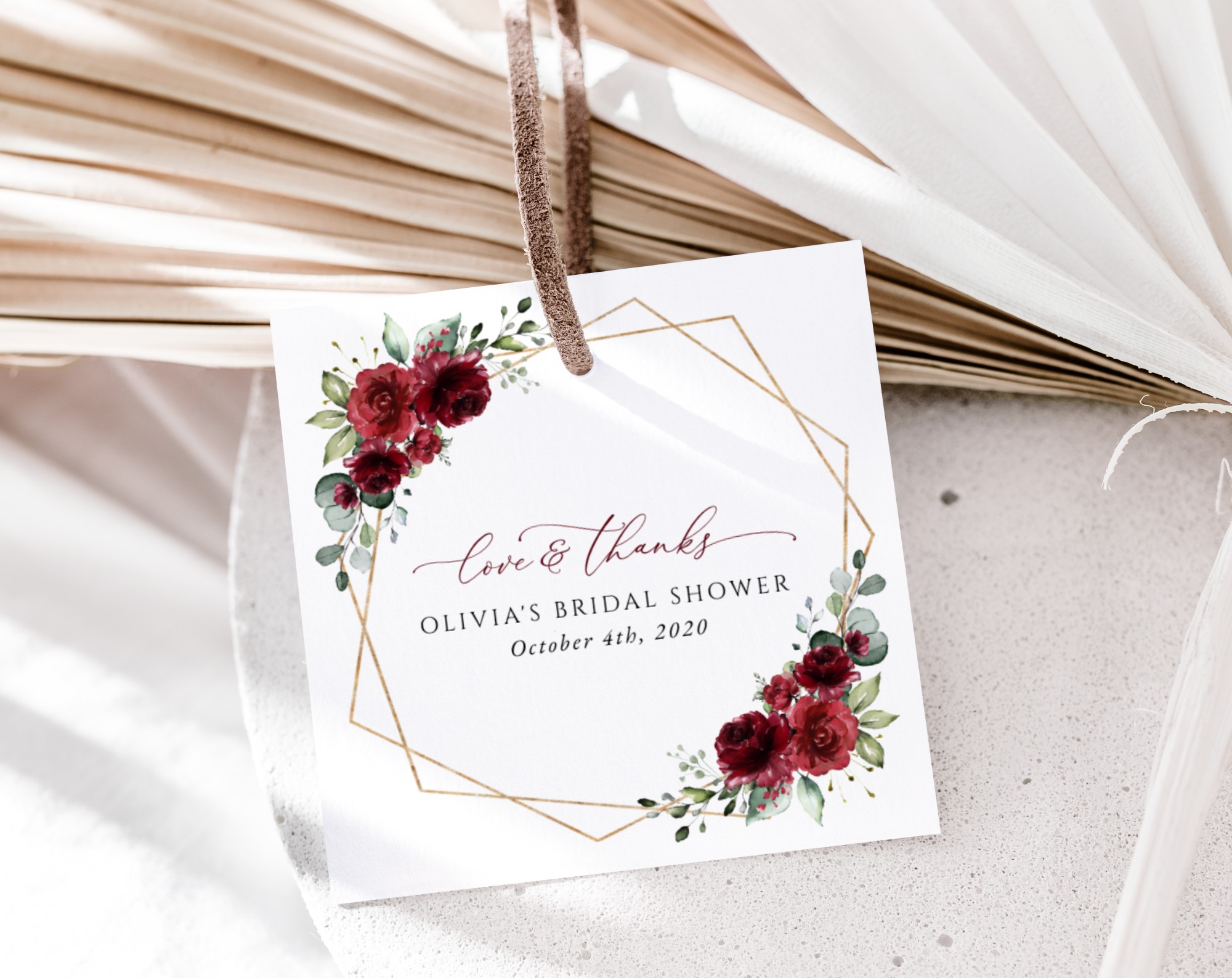 Burgundy Red Flowers Favor Tags, Gift Tags, Party Tags, Bridal Shower, Printable File, Edit Yourself, SH178