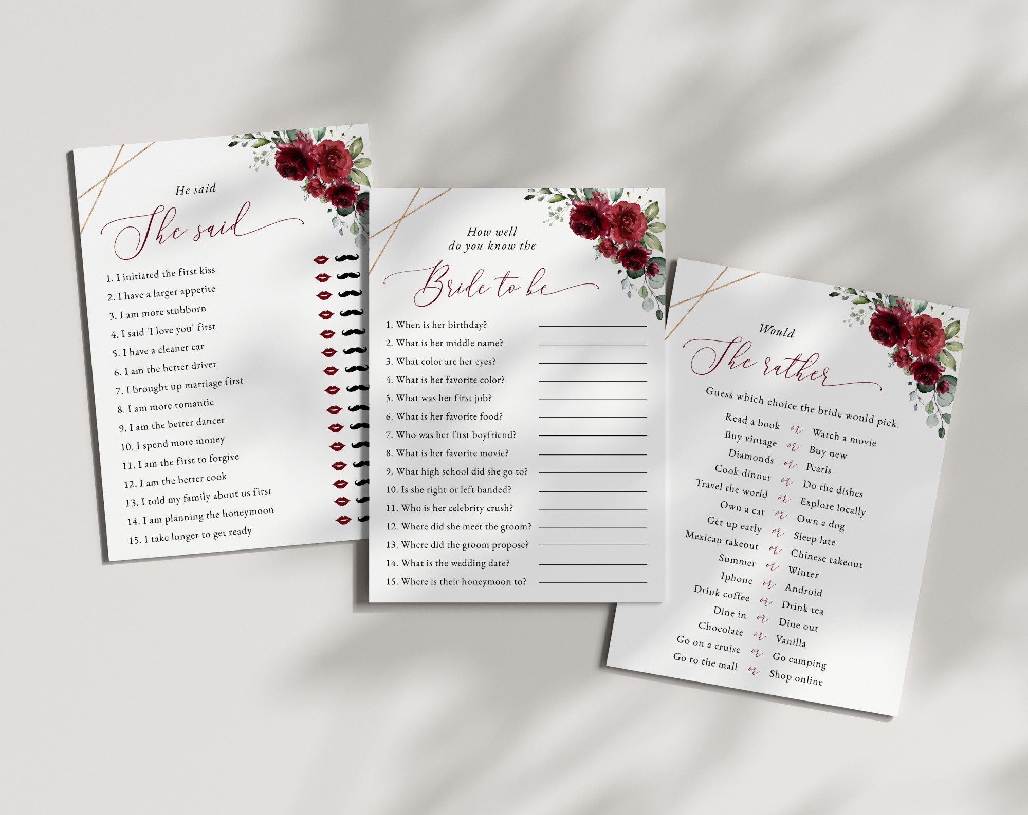Burgundy Red Flowers Bridal Shower Games, Set of 3 Games, Printable File, Edit Yourself, SH178