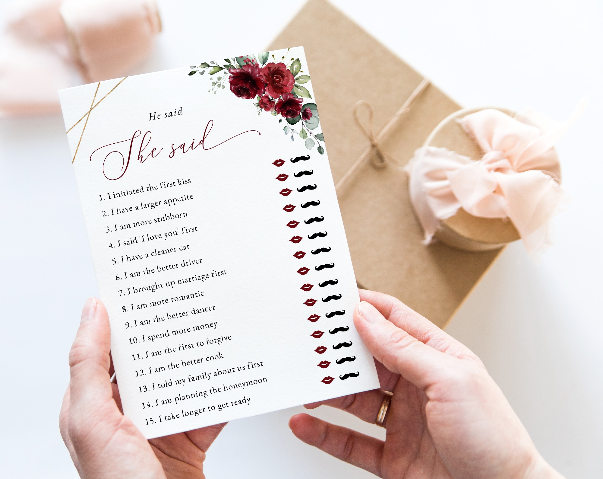 Burgundy Red Flowers Bridal Shower Games, Set of 3 Games, Printable File, Edit Yourself, SH178