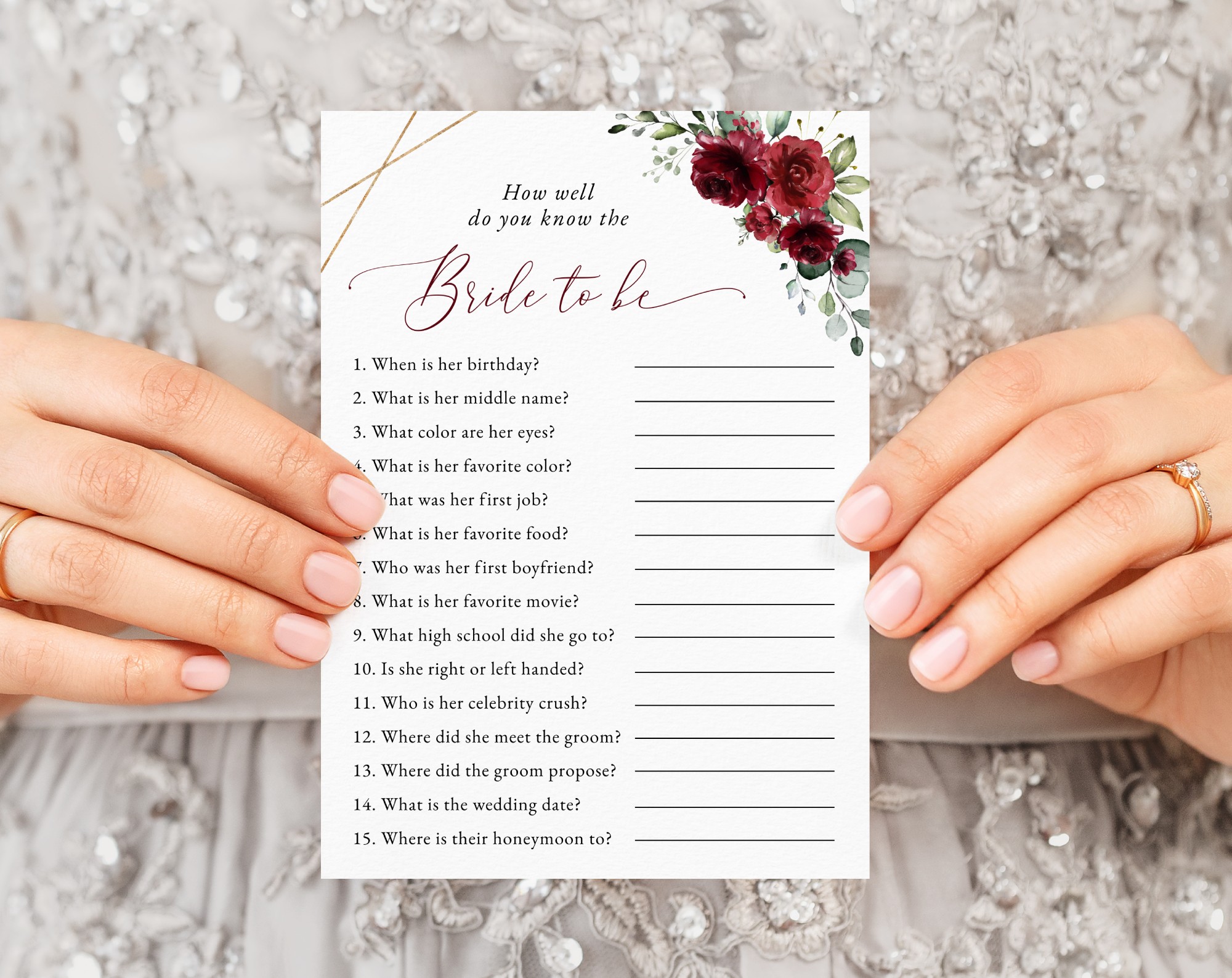 Burgundy Red Flowers Bridal Shower Games, Set of 3 Games, Printable File, Edit Yourself, SH178