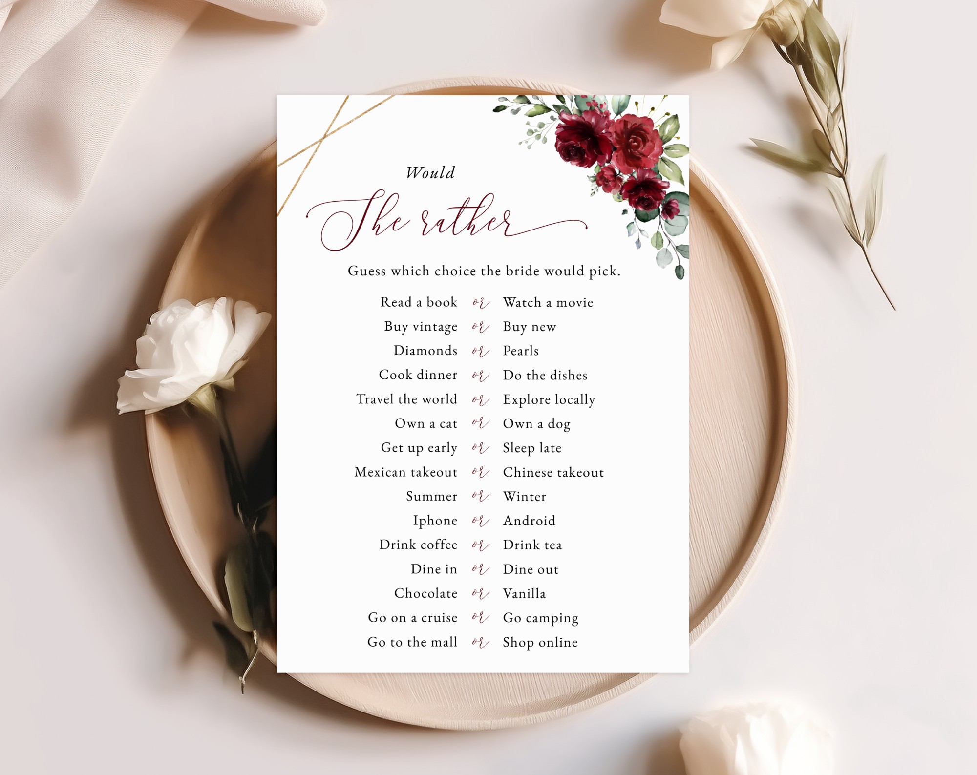 Burgundy Red Flowers Bridal Shower Games, Set of 3 Games, Printable File, Edit Yourself, SH178