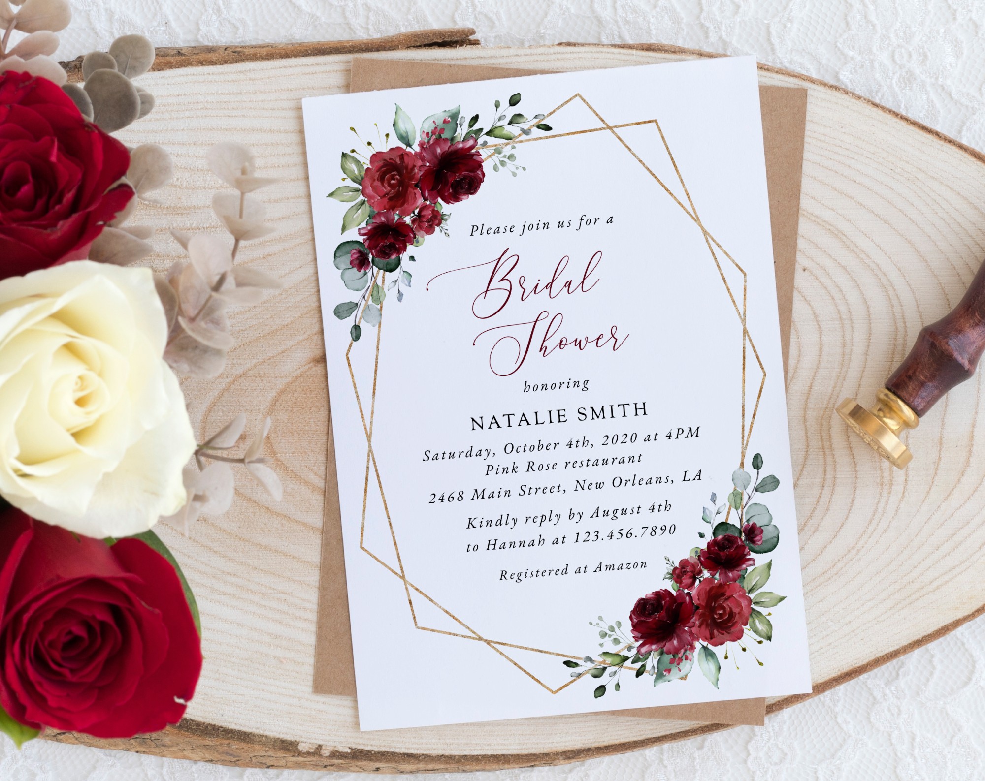 Burgundy Red Flowers Bridal Shower Invitation, Bridal Stationery, Printable File, Edit Yourself, SH178