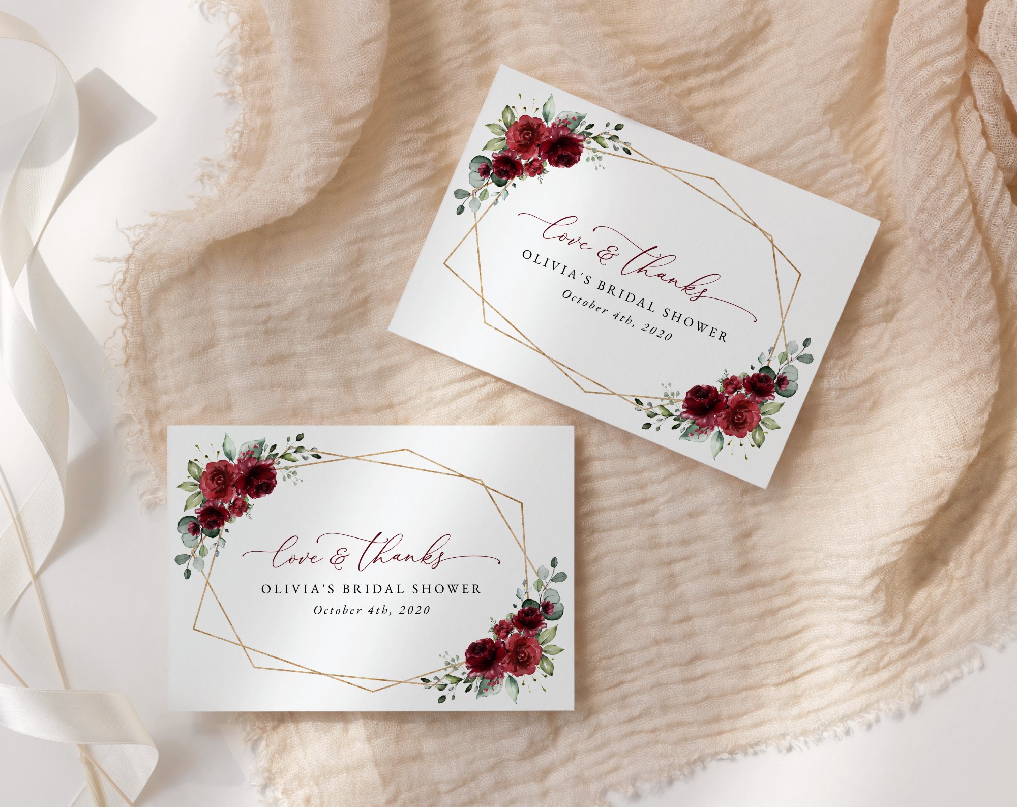 Burgundy Red Flowers Thank You Card, Bridal Shower Stationery, Printable File, Edit Yourself, SH178
