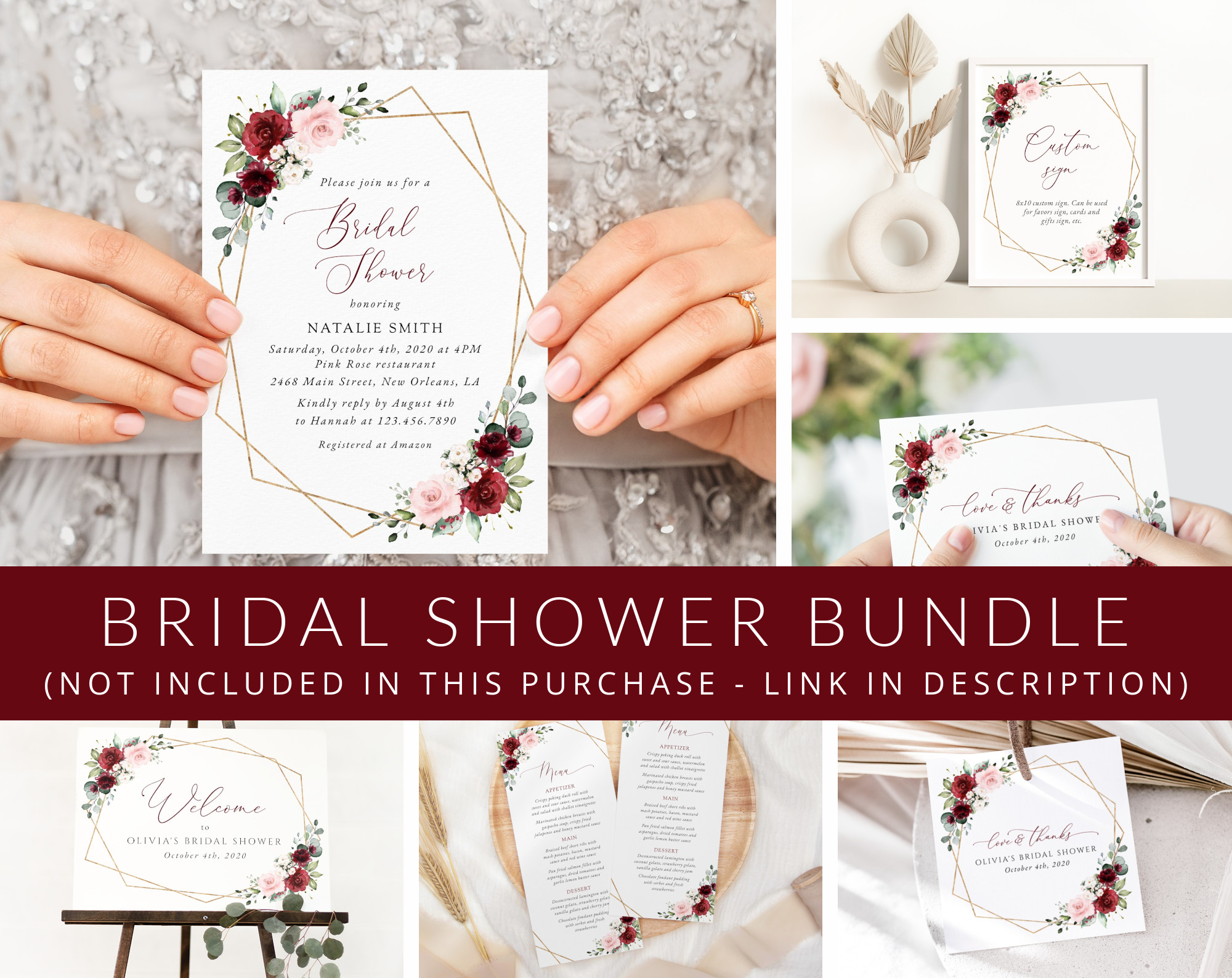 Burgundy and Pink Flowers Bridal Shower Mini Bundle, Printable File, Edit Yourself, SH179