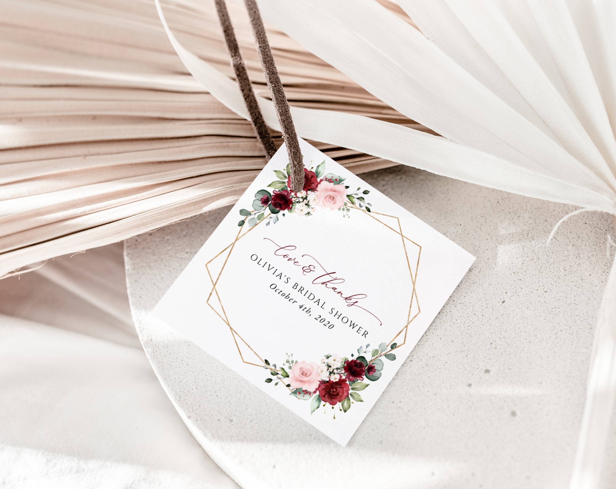 Burgundy and Pink Flowers Favor Tags, Gift Tags, Party Tags, Bridal Shower, Printable File, Edit Yourself, SH179