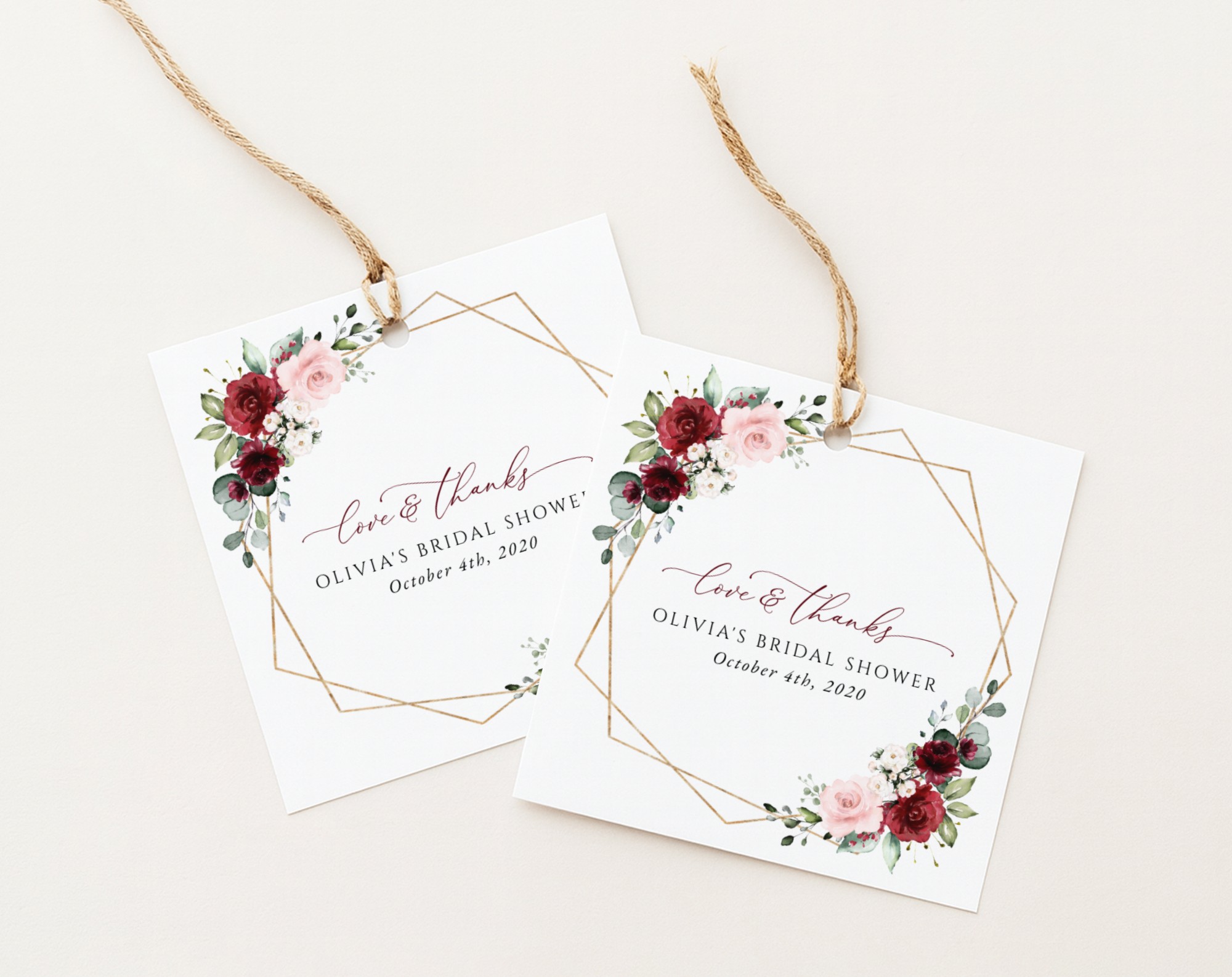 Burgundy and Pink Flowers Favor Tags, Gift Tags, Party Tags, Bridal Shower, Printable File, Edit Yourself, SH179
