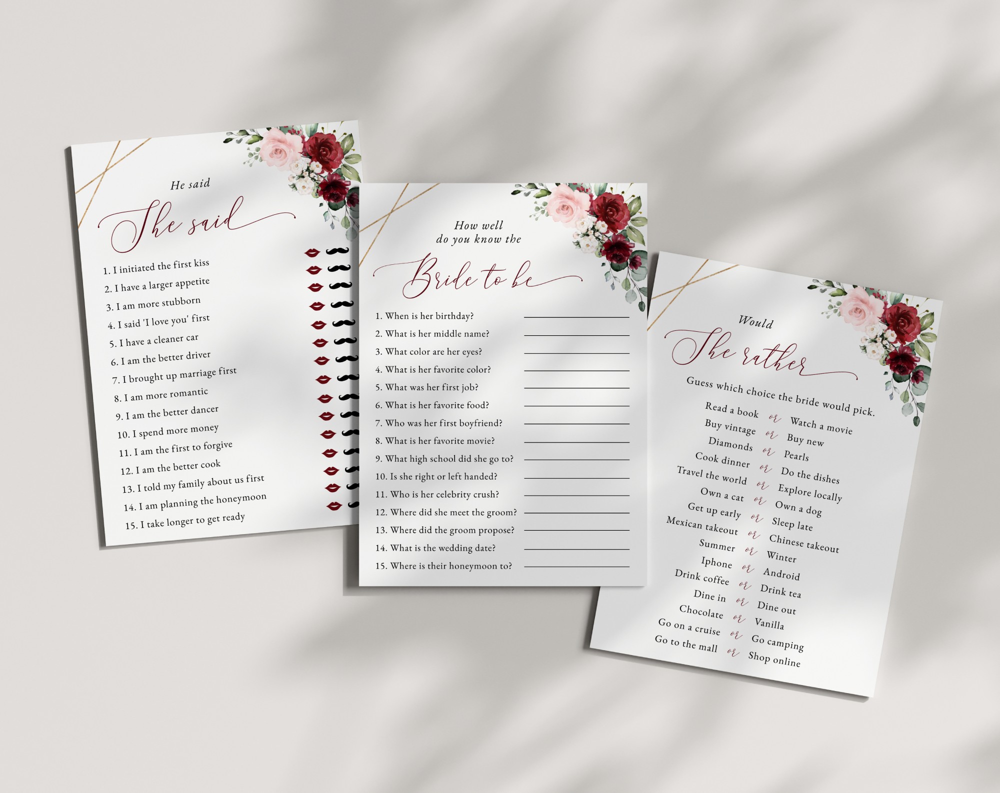 Burgundy and Pink Flowers Bridal Shower Games, Set of 3 Games, Printable File, Edit Yourself, SH179