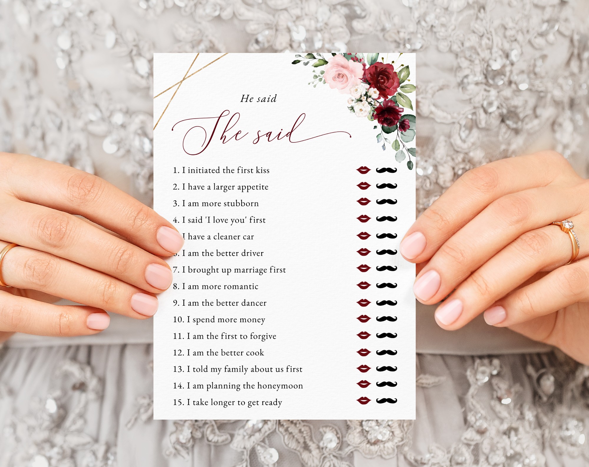Burgundy and Pink Flowers Bridal Shower Games, Set of 3 Games, Printable File, Edit Yourself, SH179