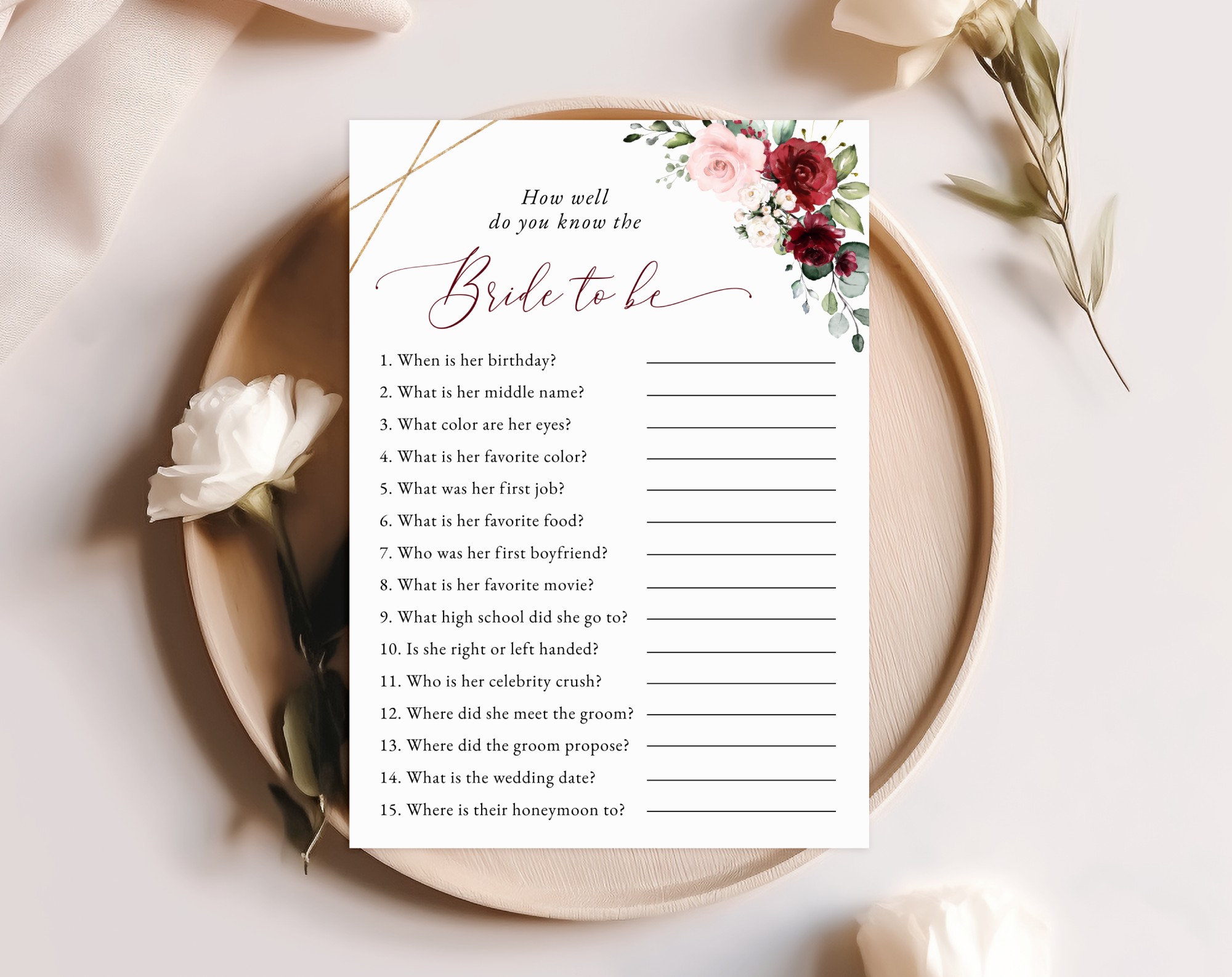 Burgundy and Pink Flowers Bridal Shower Games, Set of 3 Games, Printable File, Edit Yourself, SH179