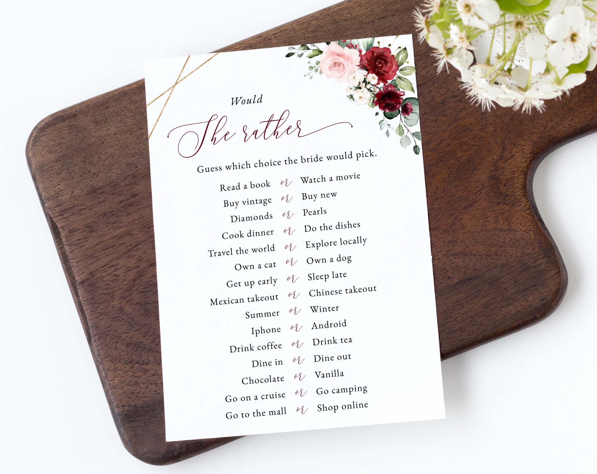 Burgundy and Pink Flowers Bridal Shower Games, Set of 3 Games, Printable File, Edit Yourself, SH179