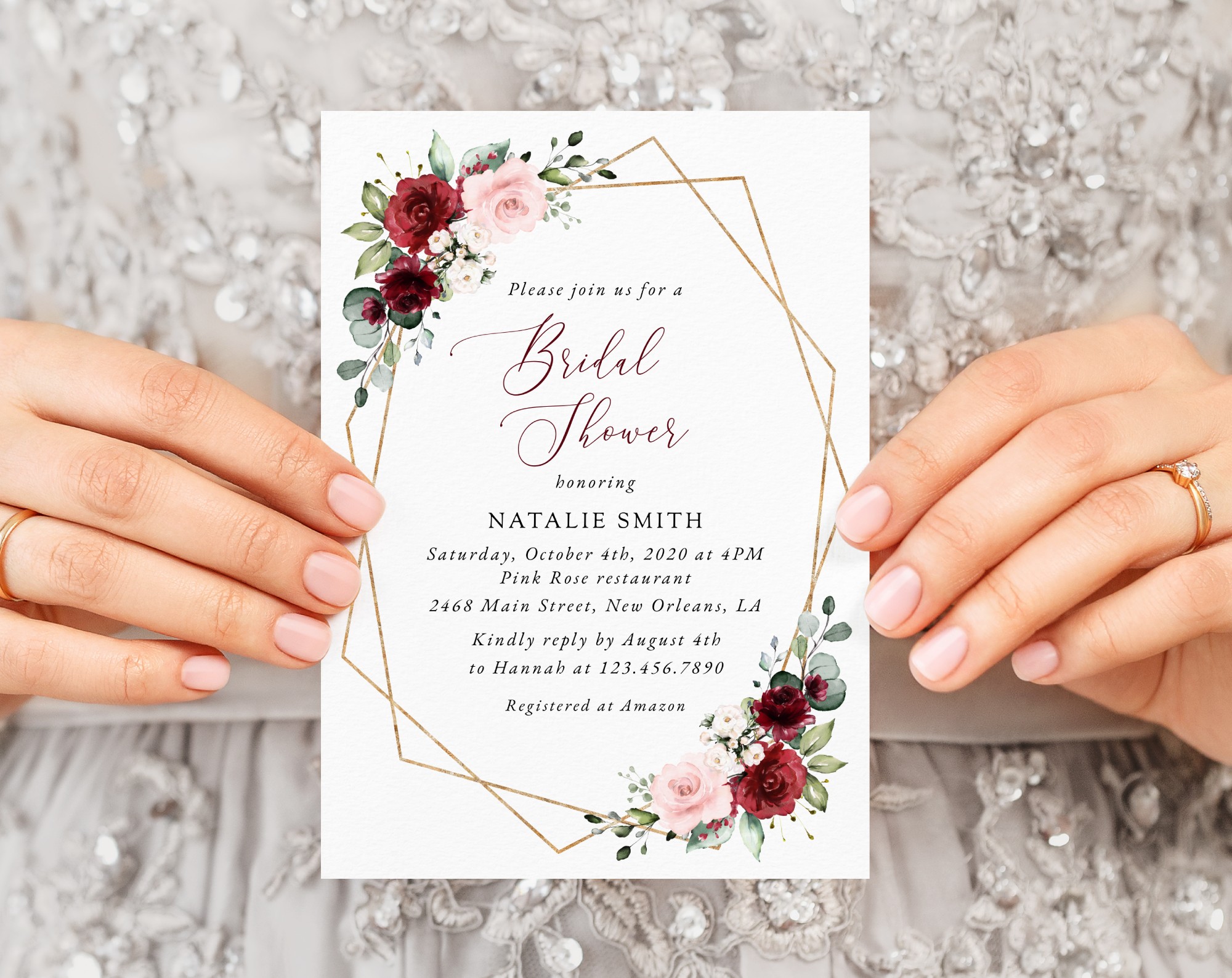 Burgundy and Pink Flowers Bridal Shower Invitation, Bridal Stationery, Printable File, Edit Yourself, SH179