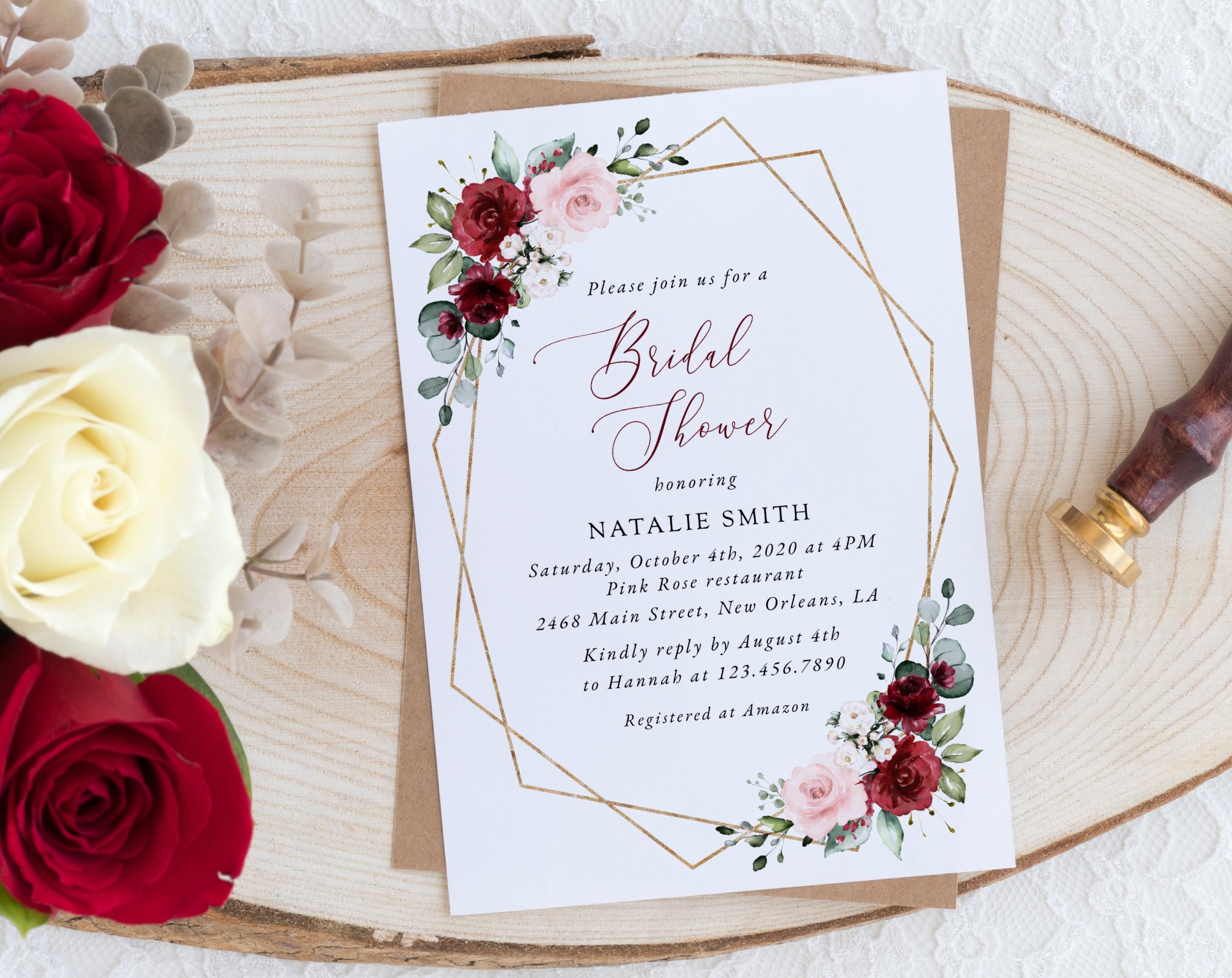 Burgundy and Pink Flowers Bridal Shower Invitation, Bridal Stationery, Printable File, Edit Yourself, SH179