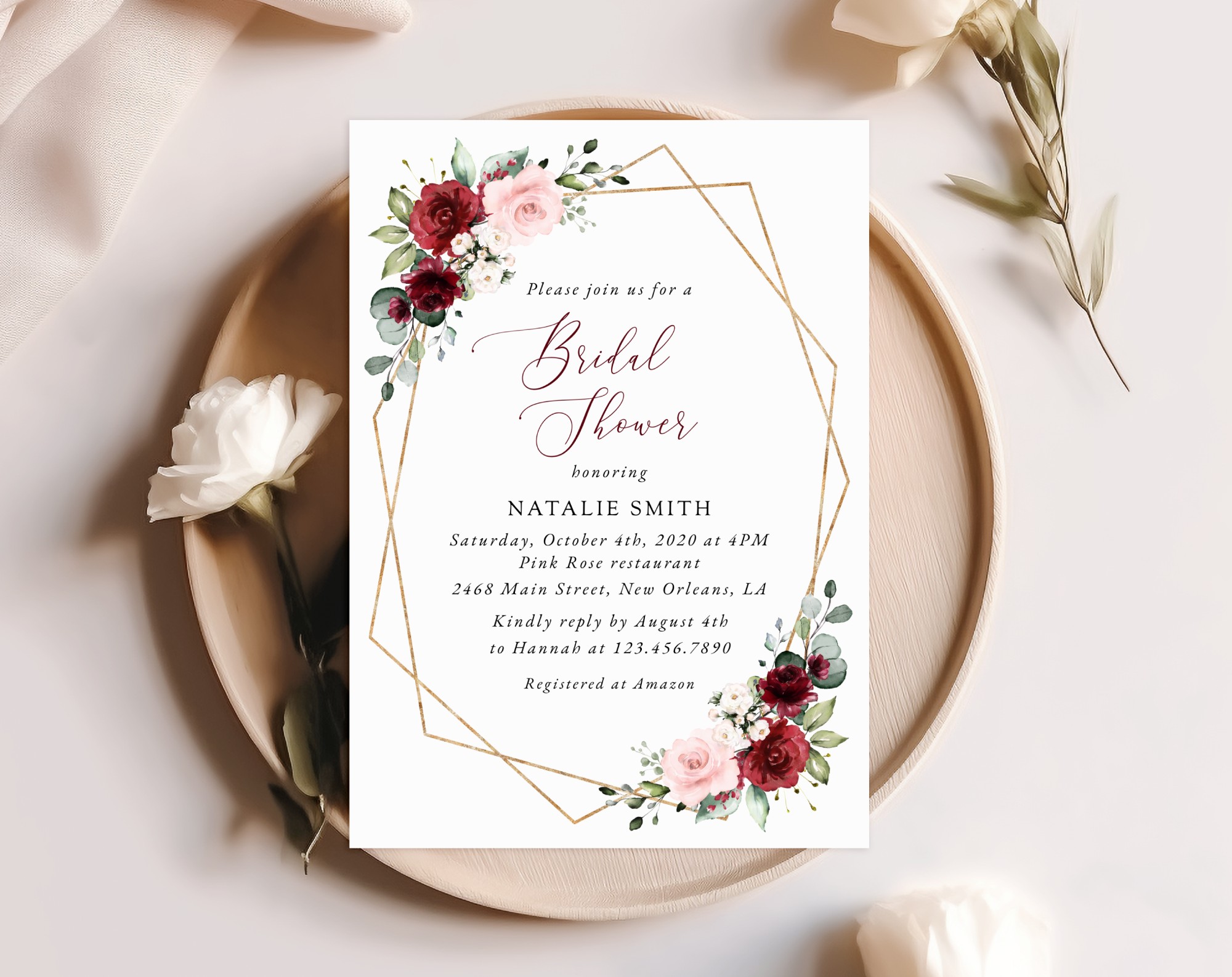 Burgundy and Pink Flowers Bridal Shower Invitation, Bridal Stationery, Printable File, Edit Yourself, SH179