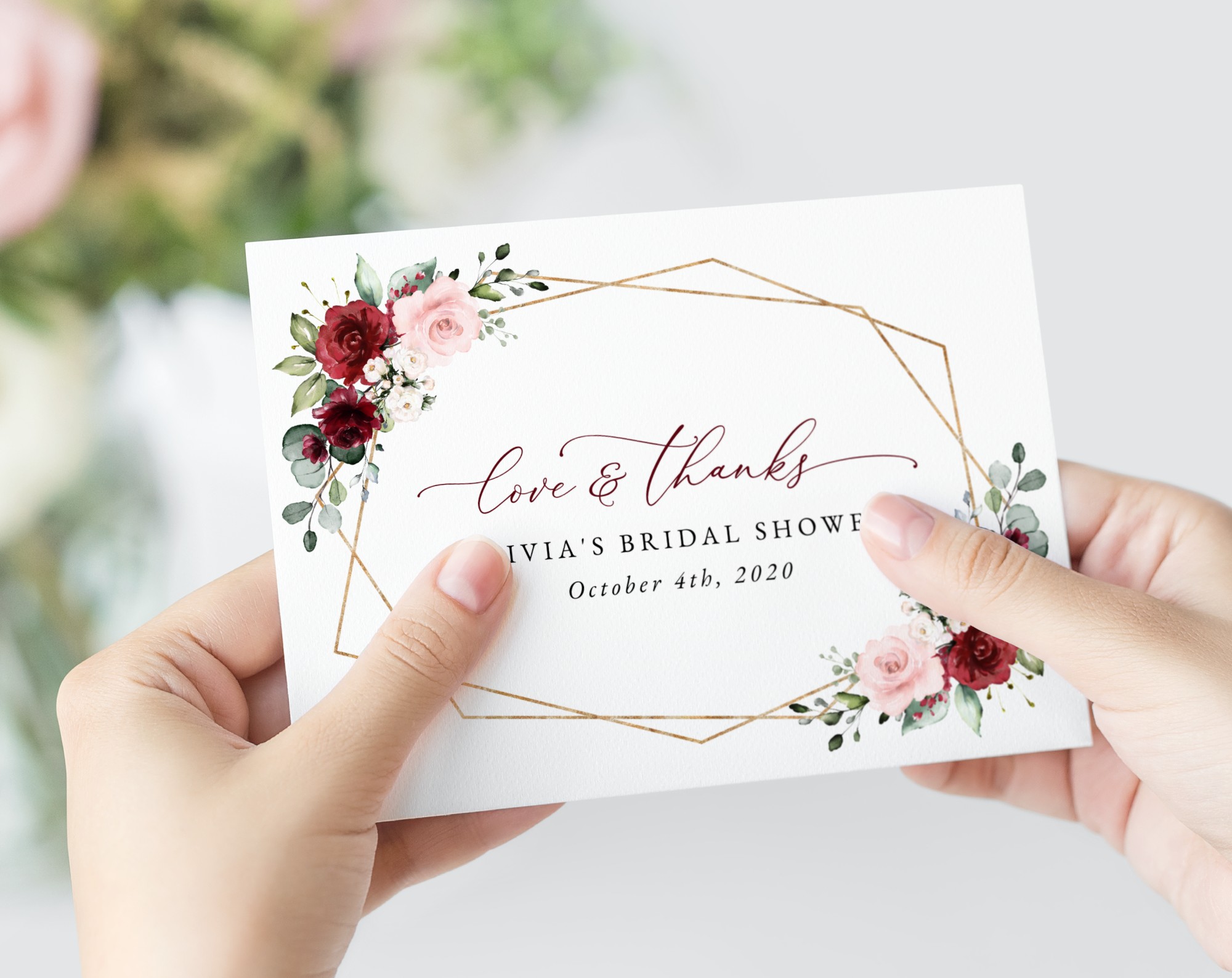 Burgundy and Pink Flowers Thank You Card, Bridal Shower Stationery, Printable File, Edit Yourself, SH179