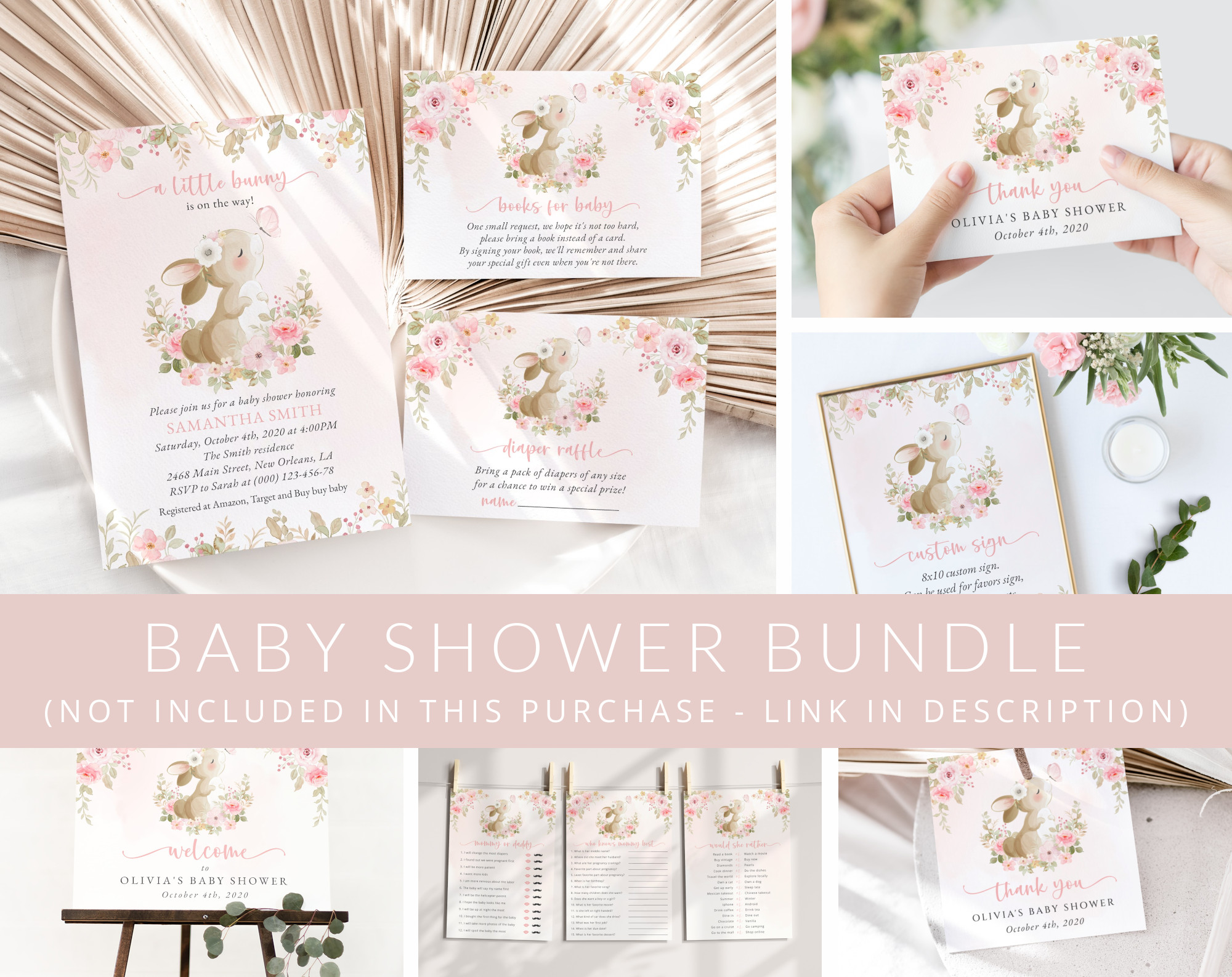 Cute Bunny and Pink Flowers Baby Shower Mini Bundle, Girl Baby Shower, Printable File, Edit Yourself, SH180 Cute Bunny and Pink Flowers Baby Shower Mini Bundle, Girl Baby Shower, Printable File, Edit Yourself, SH180