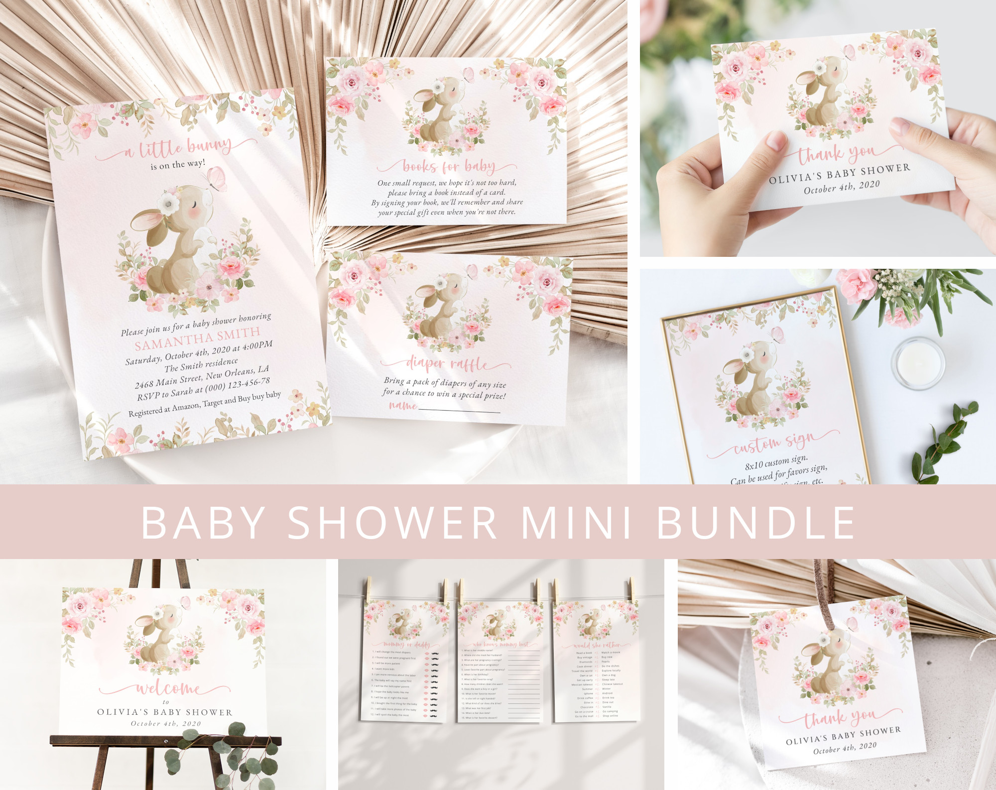 Cute Bunny and Pink Flowers Baby Shower Mini Bundle, Girl Baby Shower, Printable File, Edit Yourself, SH180 Cute Bunny and Pink Flowers Baby Shower Mini Bundle, Girl Baby Shower, Printable File, Edit Yourself, SH180