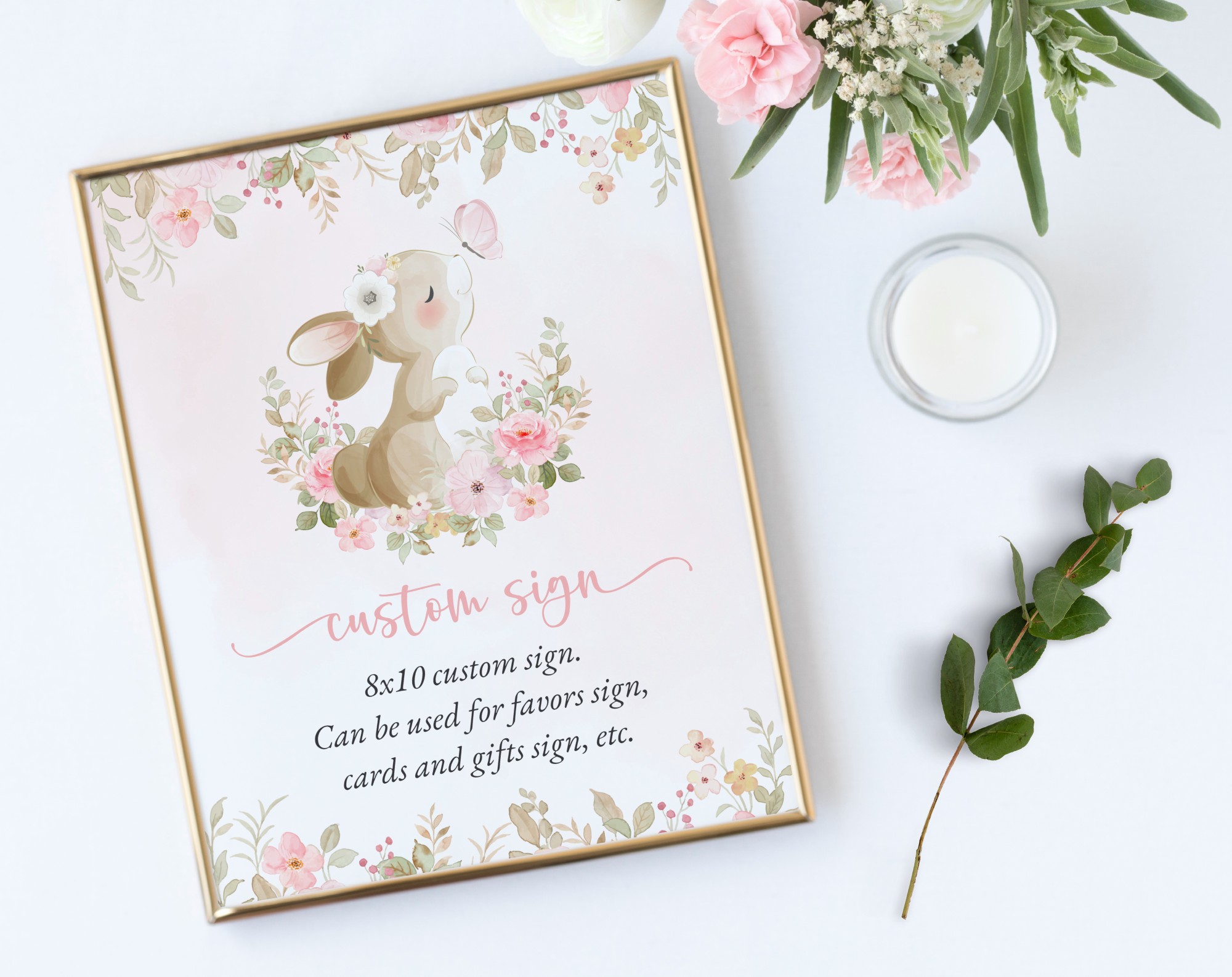 Cute Bunny and Pink Flowers Custom Sign, Printable File, Edit Yourself, SH180 SH182