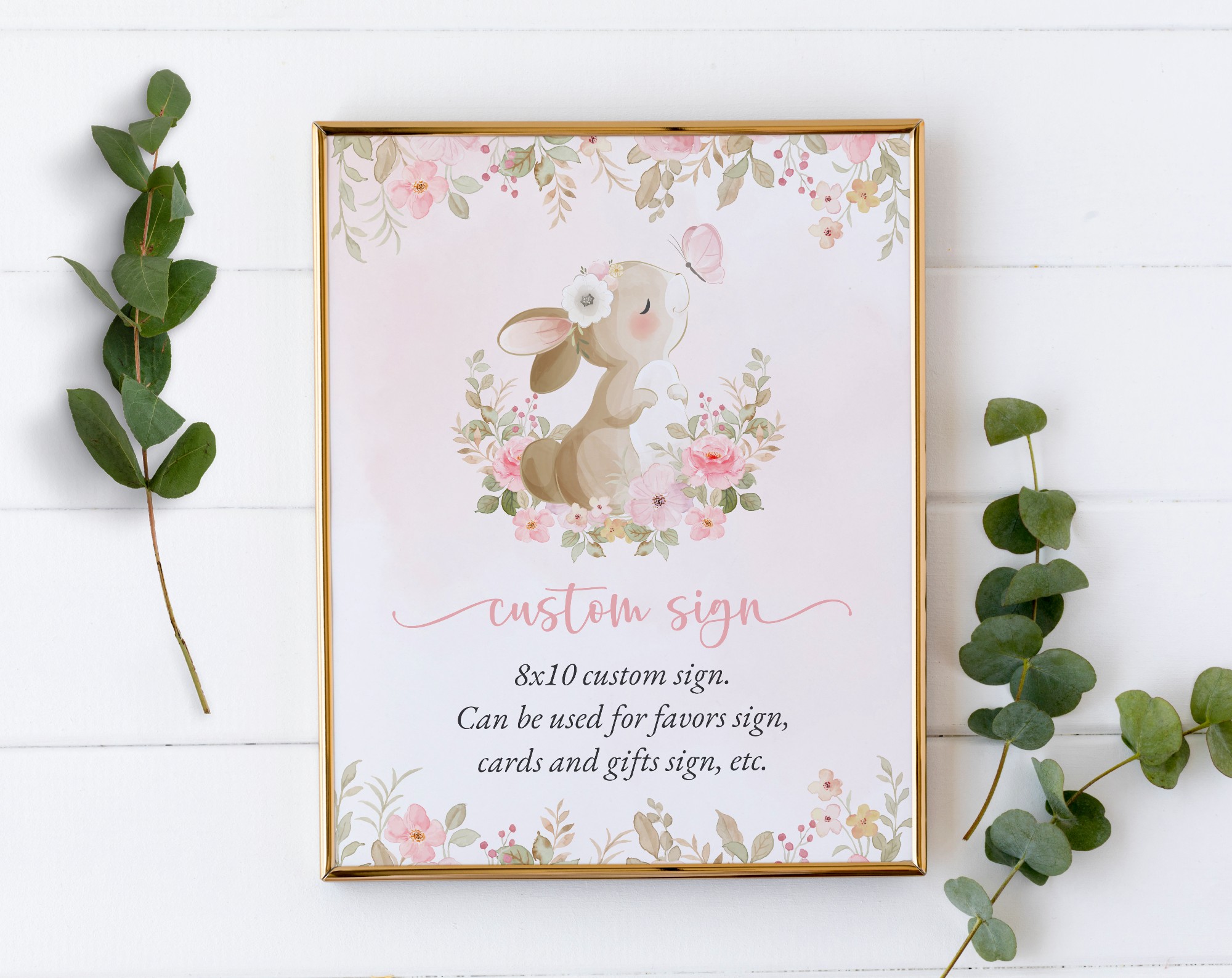 Cute Bunny and Pink Watercolor Flowers Custom Sign, Printable File, Edit Yourself, SH180 SH182