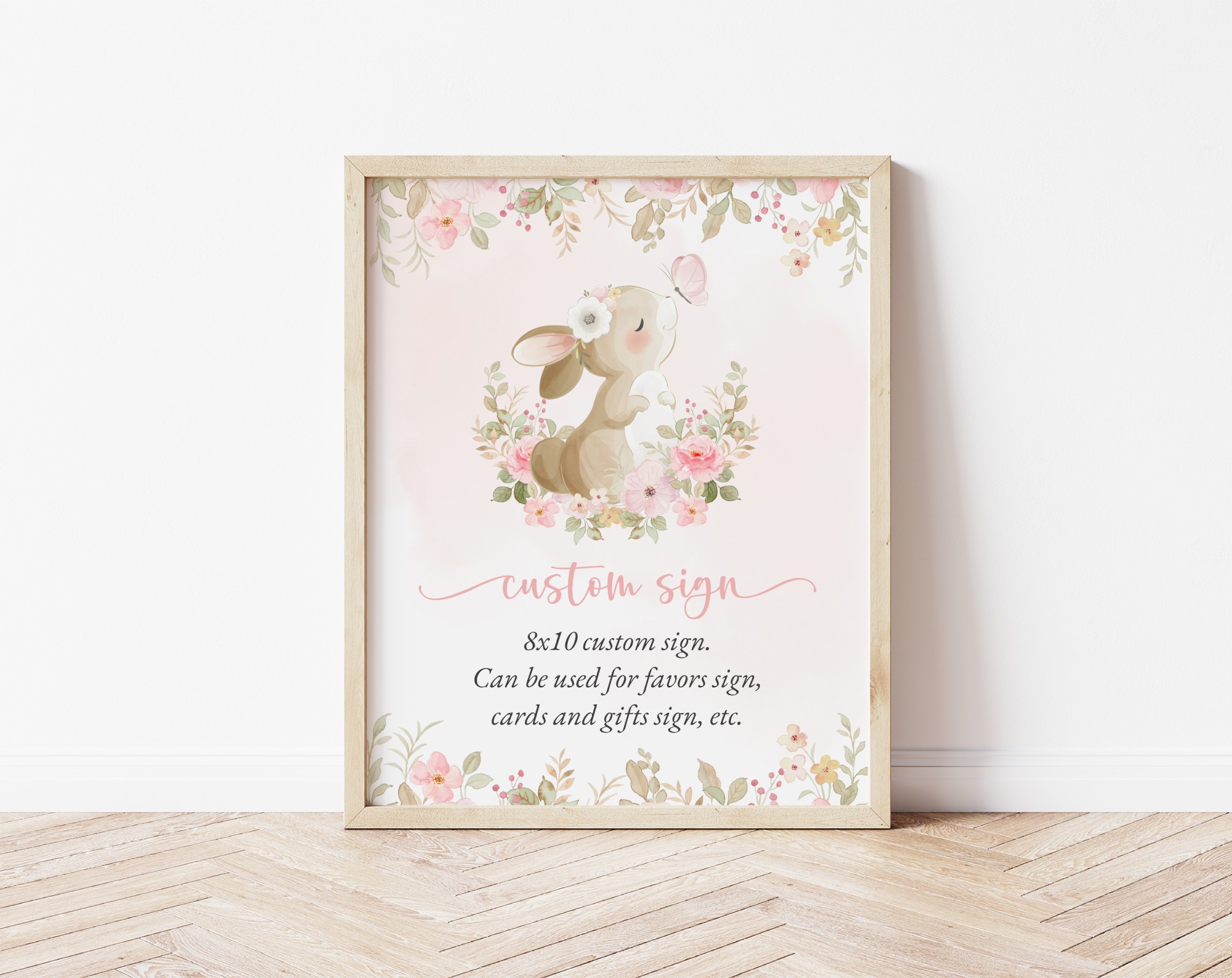 Cute Bunny and Pink Watercolor Flowers Custom Sign, Printable File, Edit Yourself, SH180 SH182