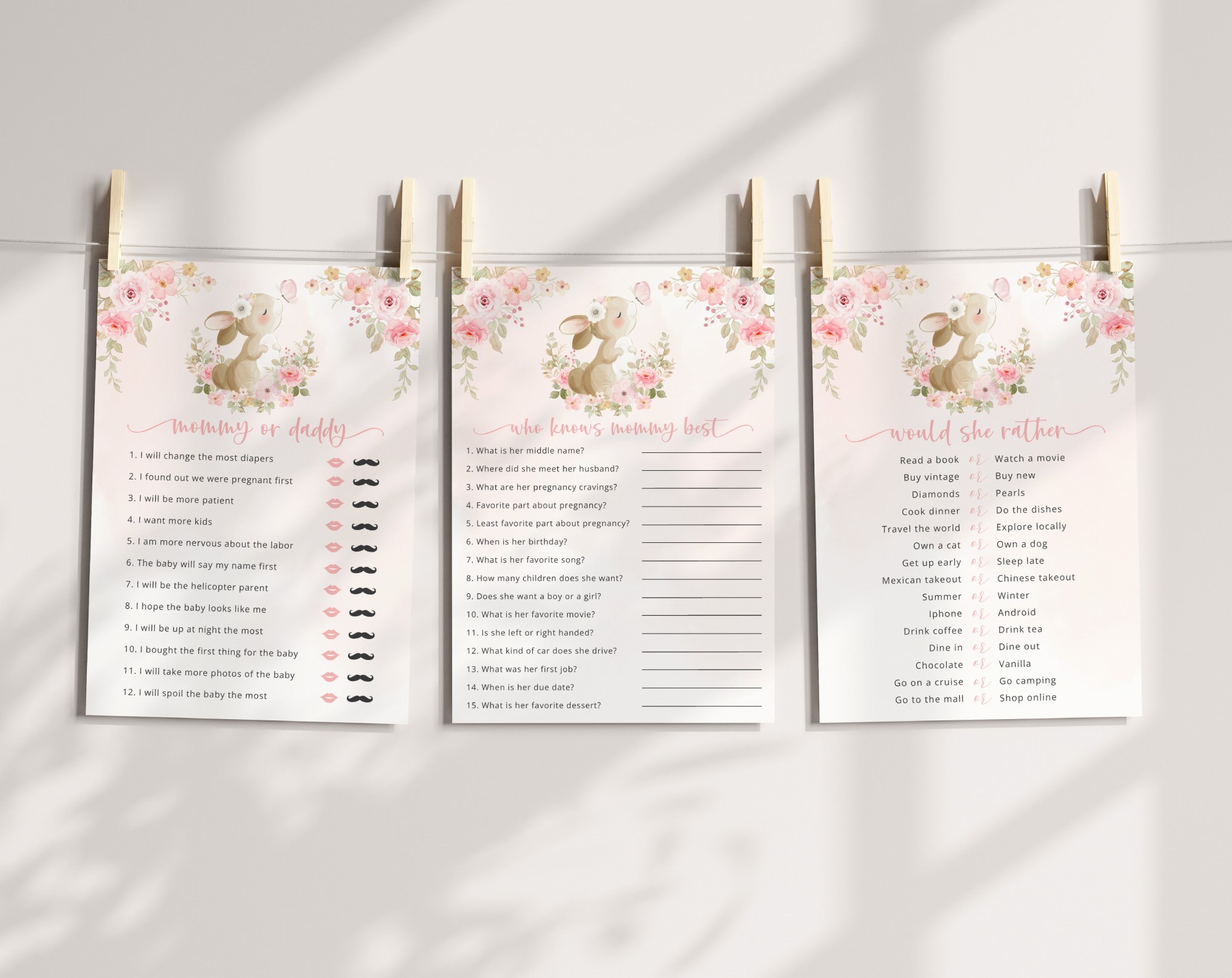 Cute Bunny and Pink Flowers Baby Shower Games, Set of 3 Games, Girl Baby Shower, Printable File, Edit Yourself, SH180
