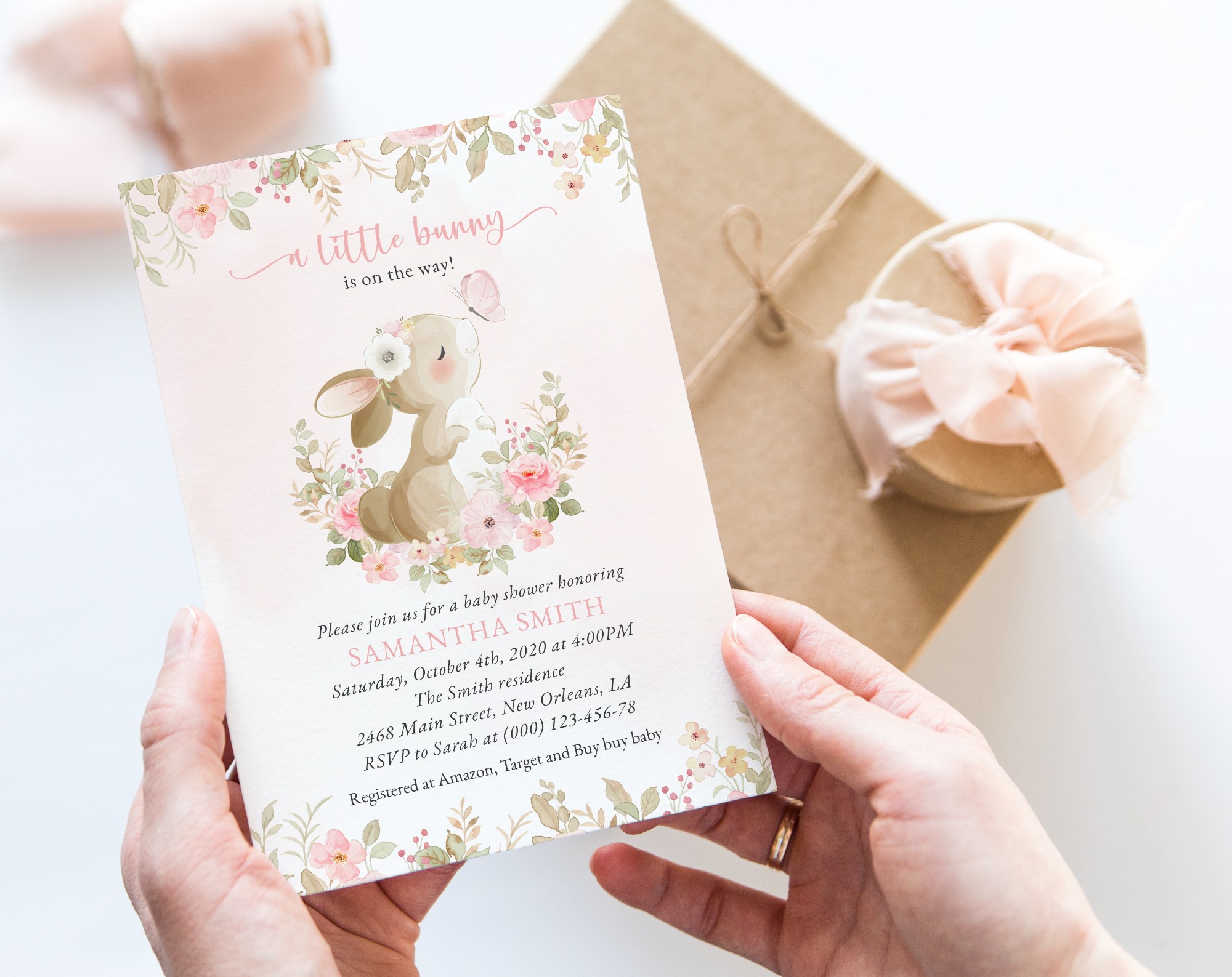 Cute Bunny and Pink Flowers Baby Shower Invitation, Girl Baby Shower, Printable File, Edit Yourself, SH180 Cute Bunny and Pink Flowers Baby Shower Invitation, Girl Baby Shower, Printable File, Edit Yourself, SH180