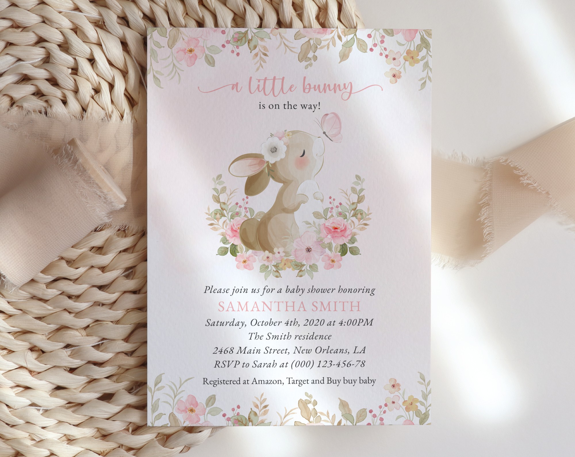 Cute Bunny and Pink Flowers Baby Shower Invitation, Girl Baby Shower, Printable File, Edit Yourself, SH180 Cute Bunny and Pink Flowers Baby Shower Invitation, Girl Baby Shower, Printable File, Edit Yourself, SH180