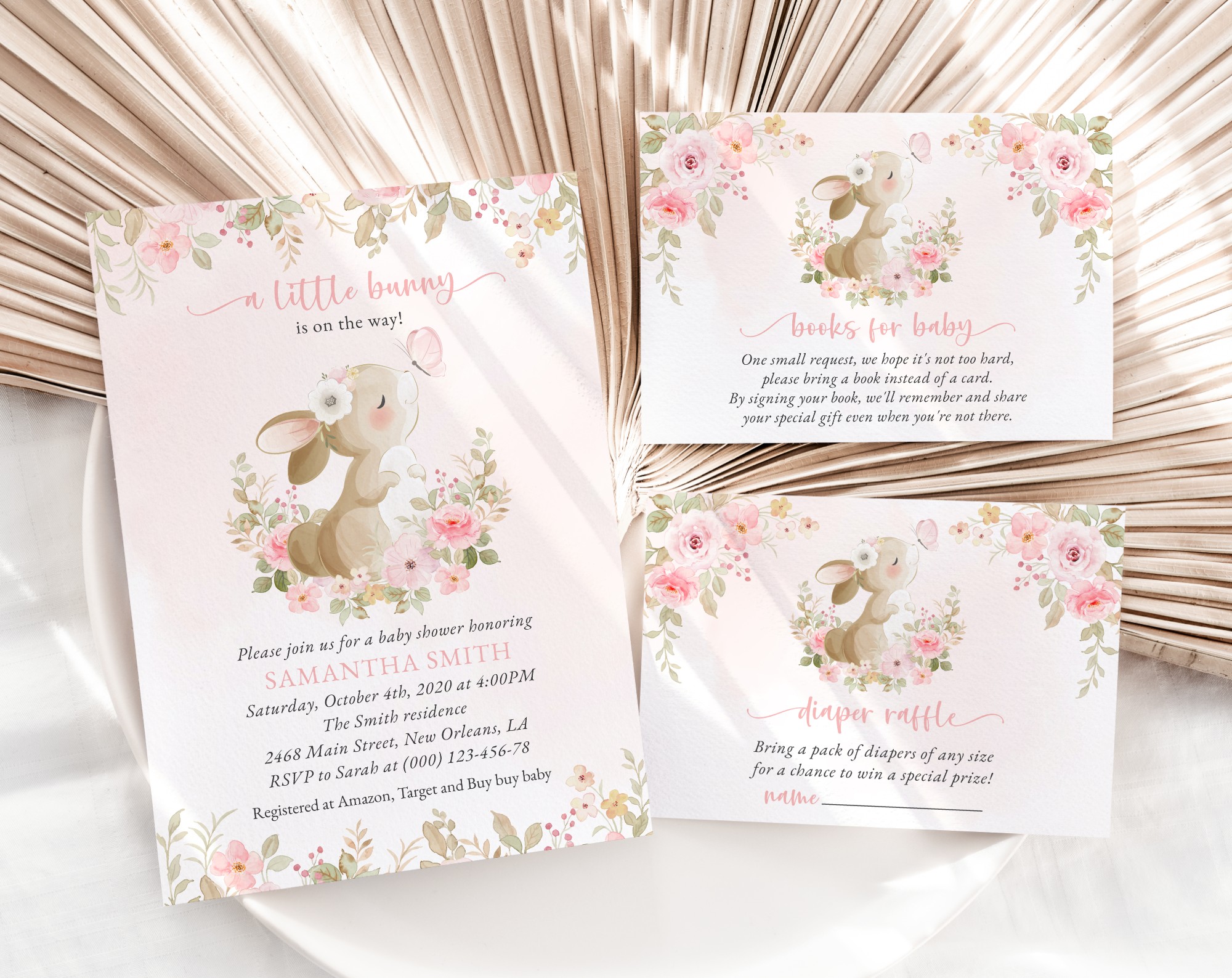 Cute Bunny and Pink Flowers Baby Shower Invitation Suite, Girl Baby Shower, Printable File, Edit Yourself, SH180