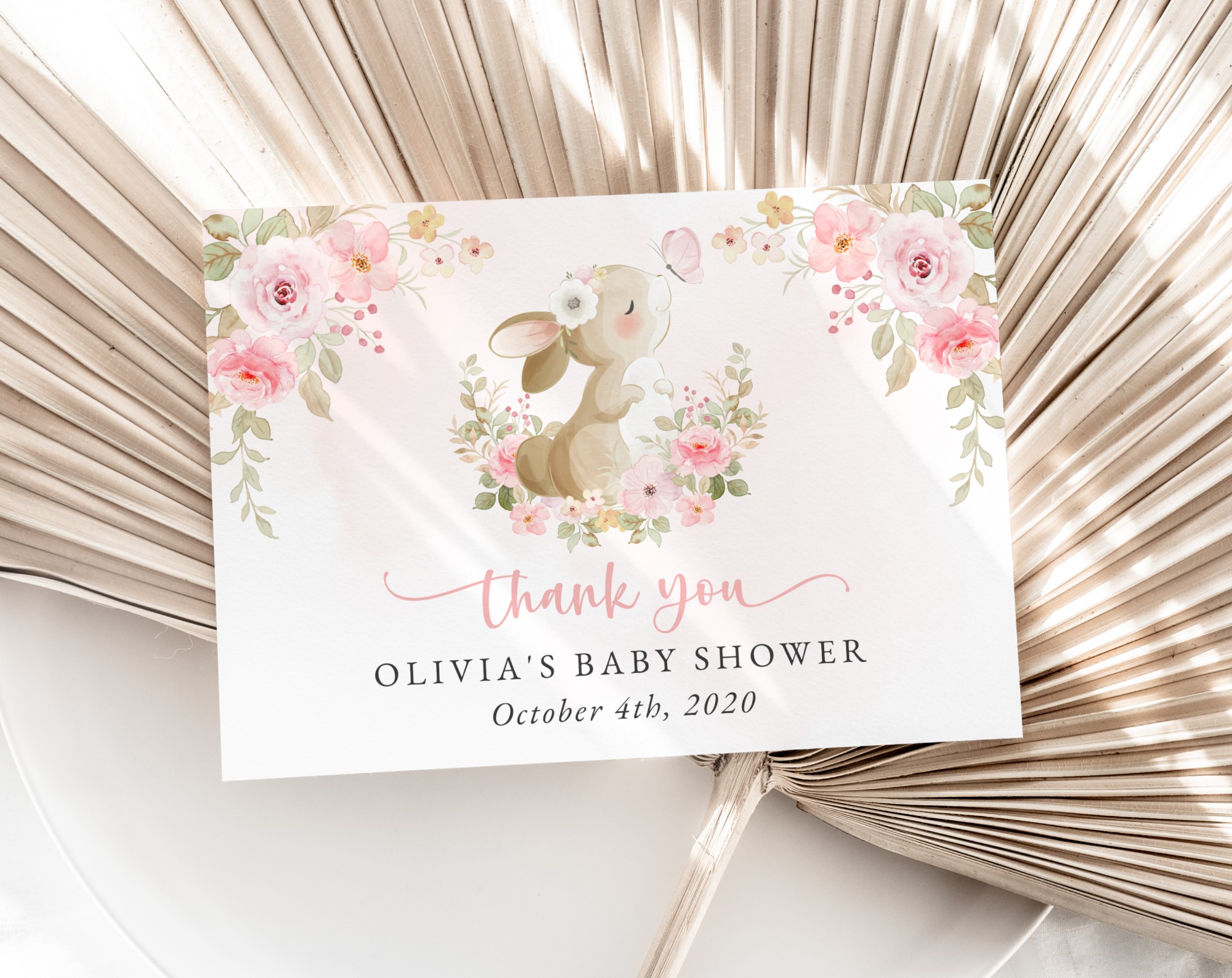 Cute Bunny and Pink Watercolor Flowers Thank You Card, Girl Baby Shower, Printable File, Edit Yourself, SH180