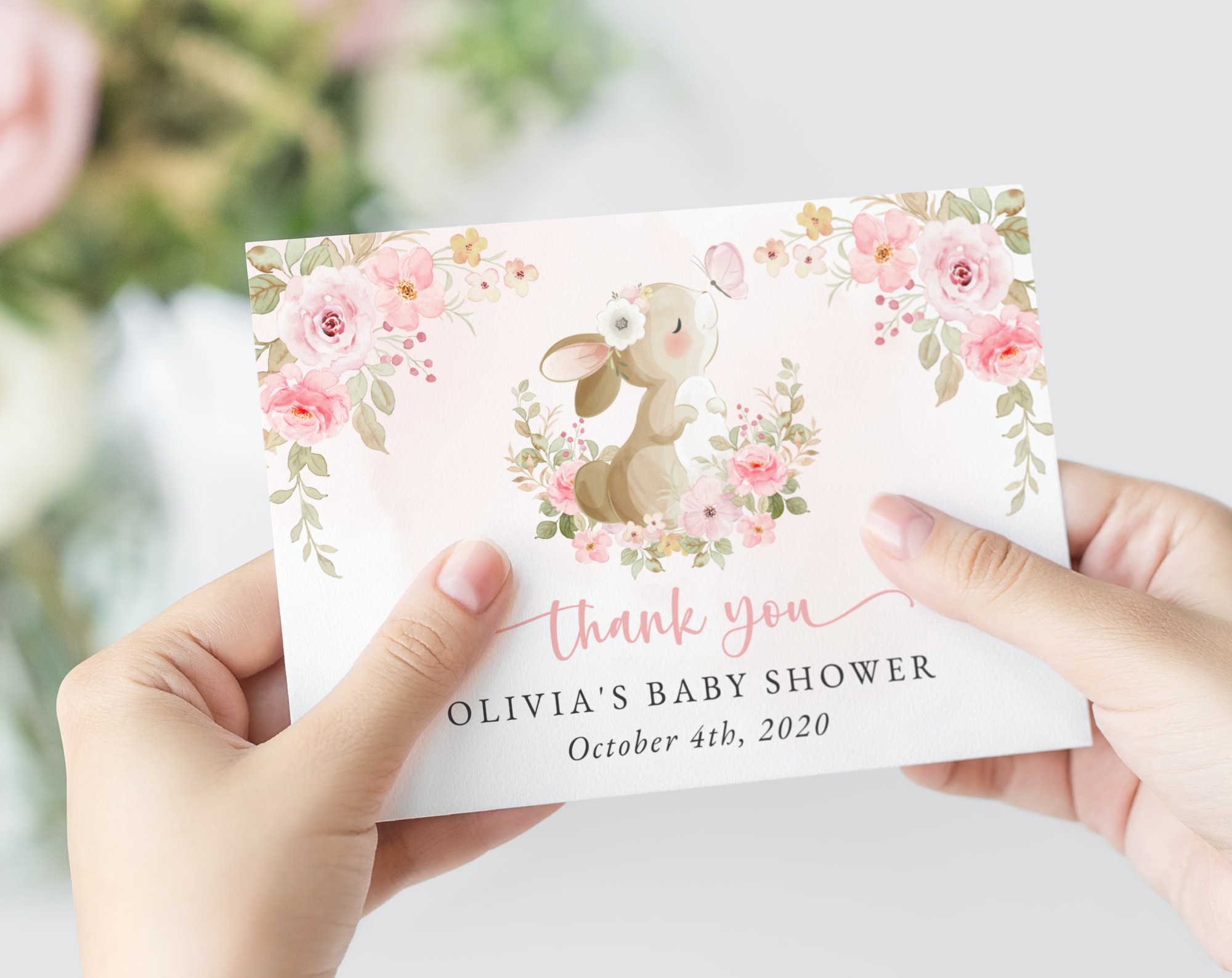 Cute Bunny and Pink Flowers Thank You Card, Girl Baby Shower, Printable File, Edit Yourself, SH180 Cute Bunny and Pink Flowers Thank You Card, Girl Baby Shower, Printable File, Edit Yourself, SH180