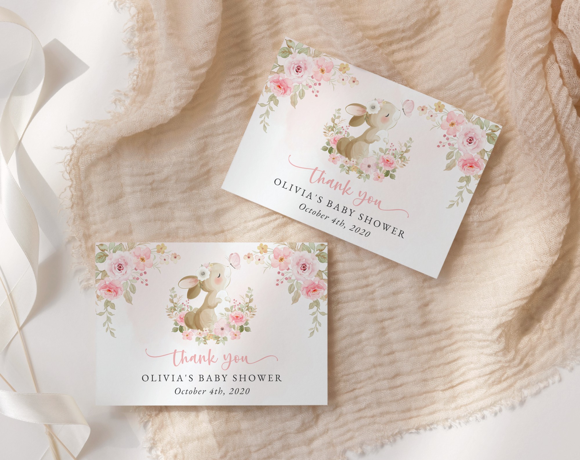Cute Bunny and Pink Watercolor Flowers Thank You Card, Girl Baby Shower, Printable File, Edit Yourself, SH180