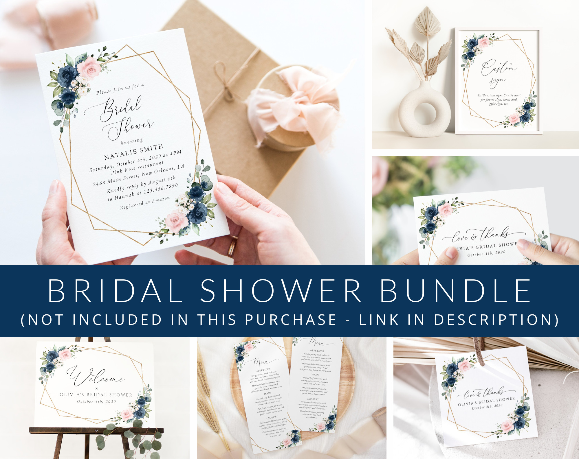 Navy and Pink Flowers Bridal Shower Mini Bundle, Printable File, Edit Yourself, SH181 Navy and Pink Flowers Bridal Shower Mini Bundle, Printable File, Edit Yourself, SH181
