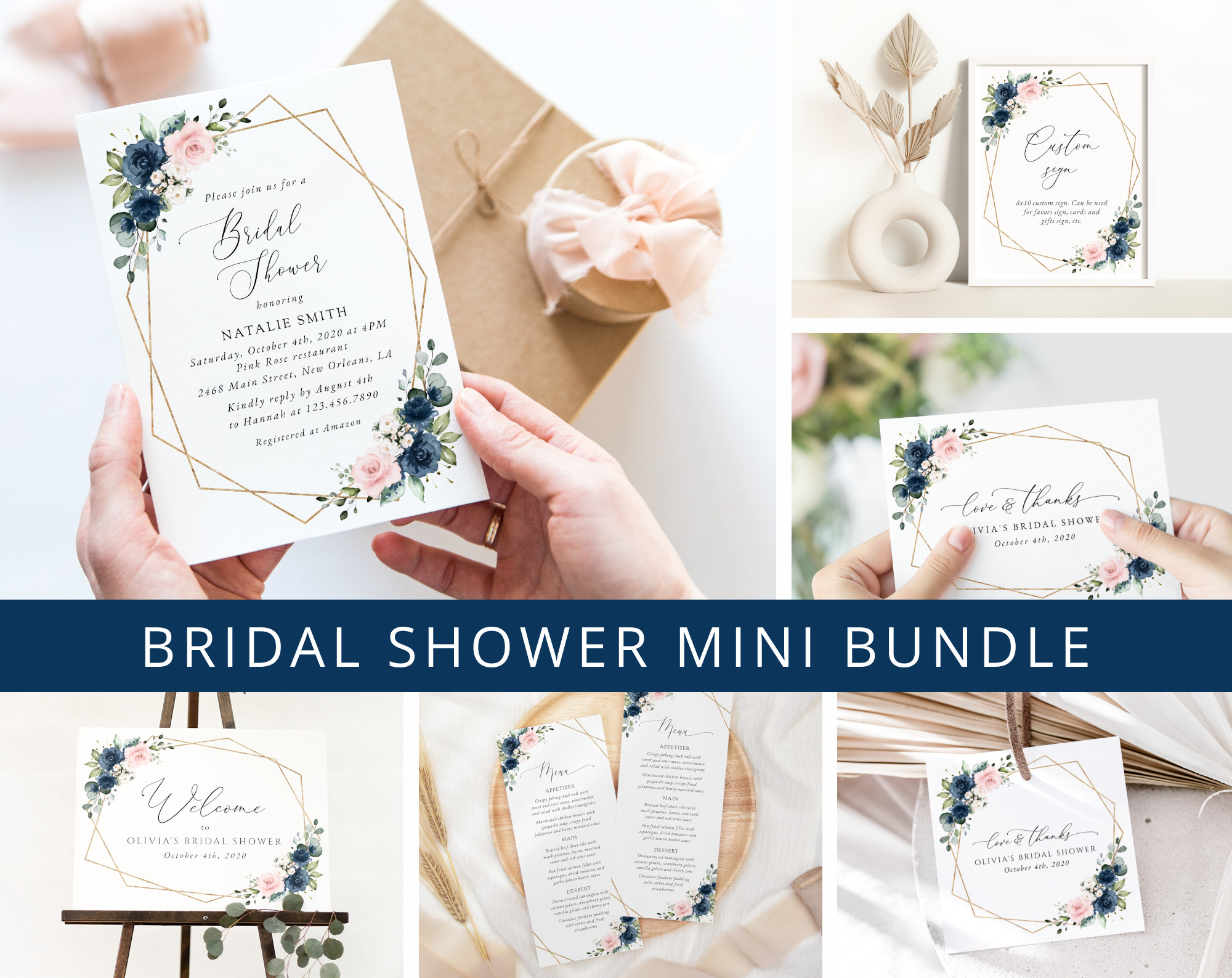 Navy and Pink Flowers Bridal Shower Mini Bundle, Printable File, Edit Yourself, SH181