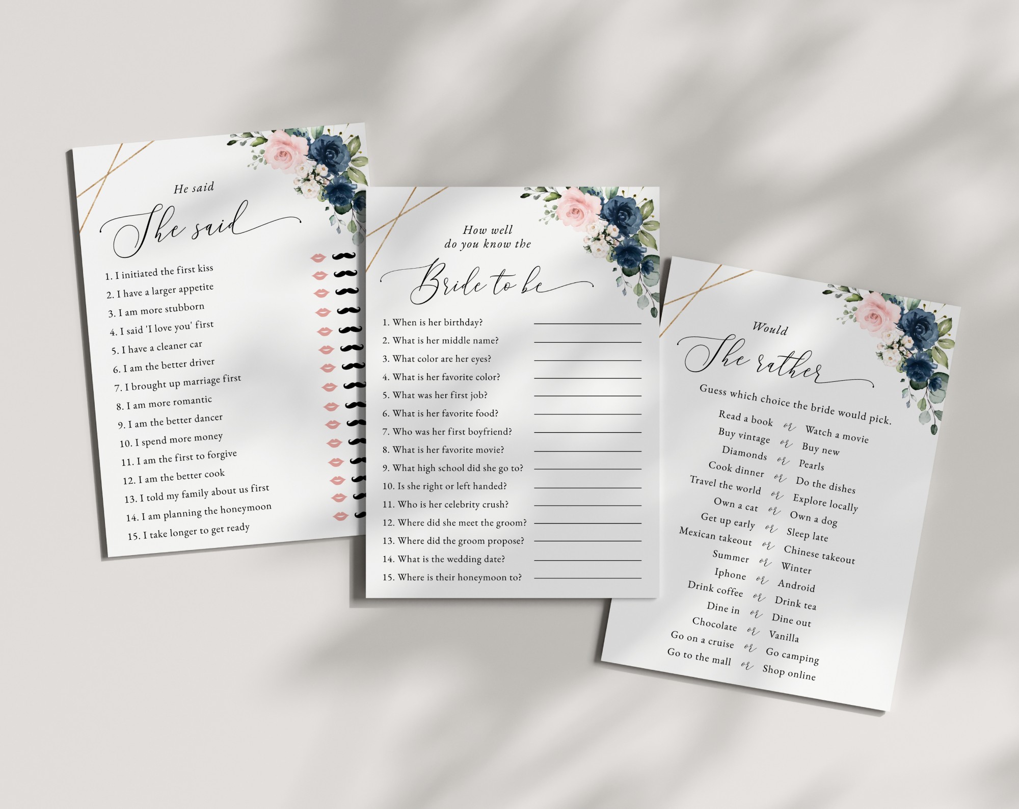 Navy and Pink Flowers Bridal Shower Games, Set of 3 Games, Printable File, Edit Yourself, SH181