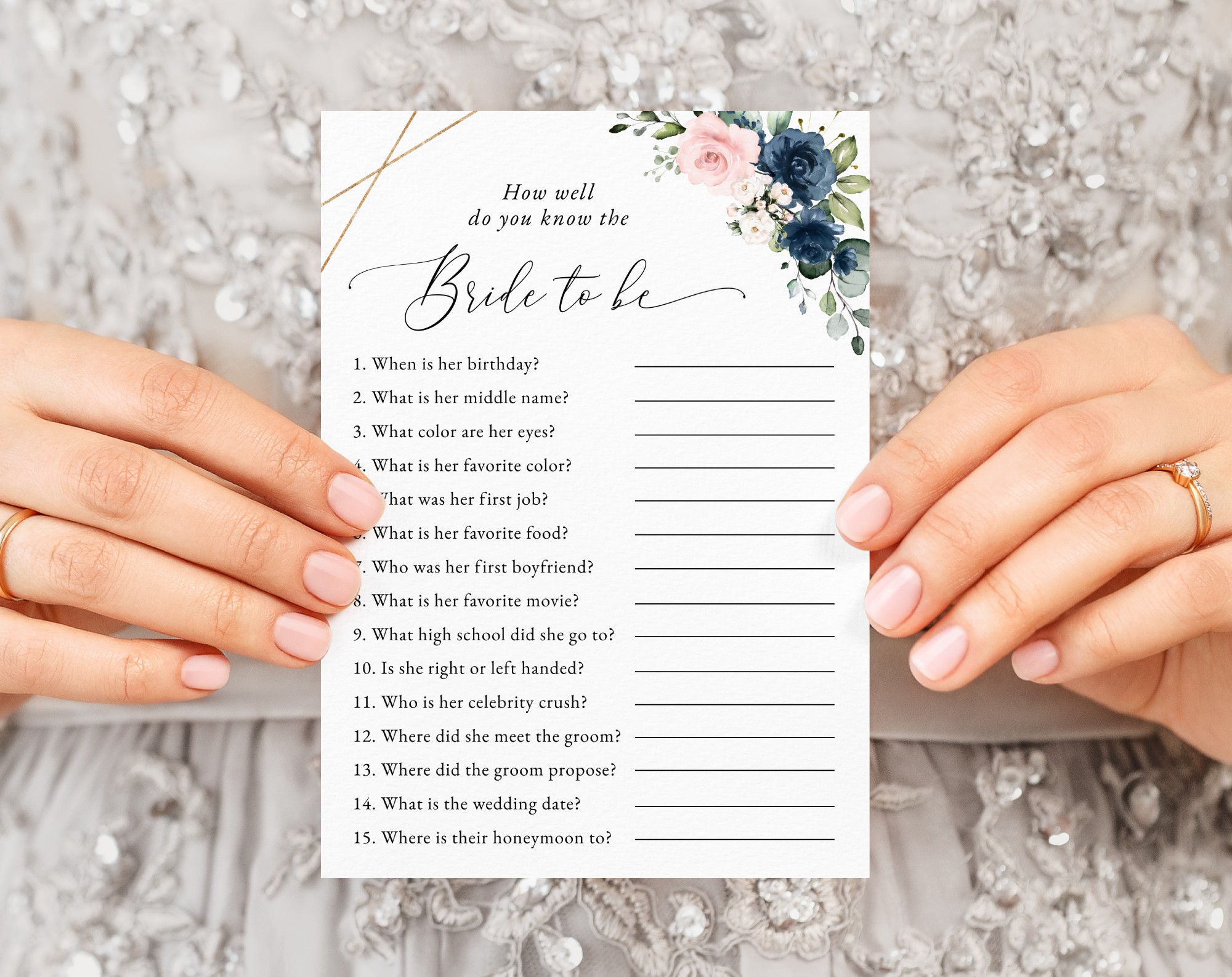 Navy and Pink Flowers Bridal Shower Games, Set of 3 Games, Printable File, Edit Yourself, SH181