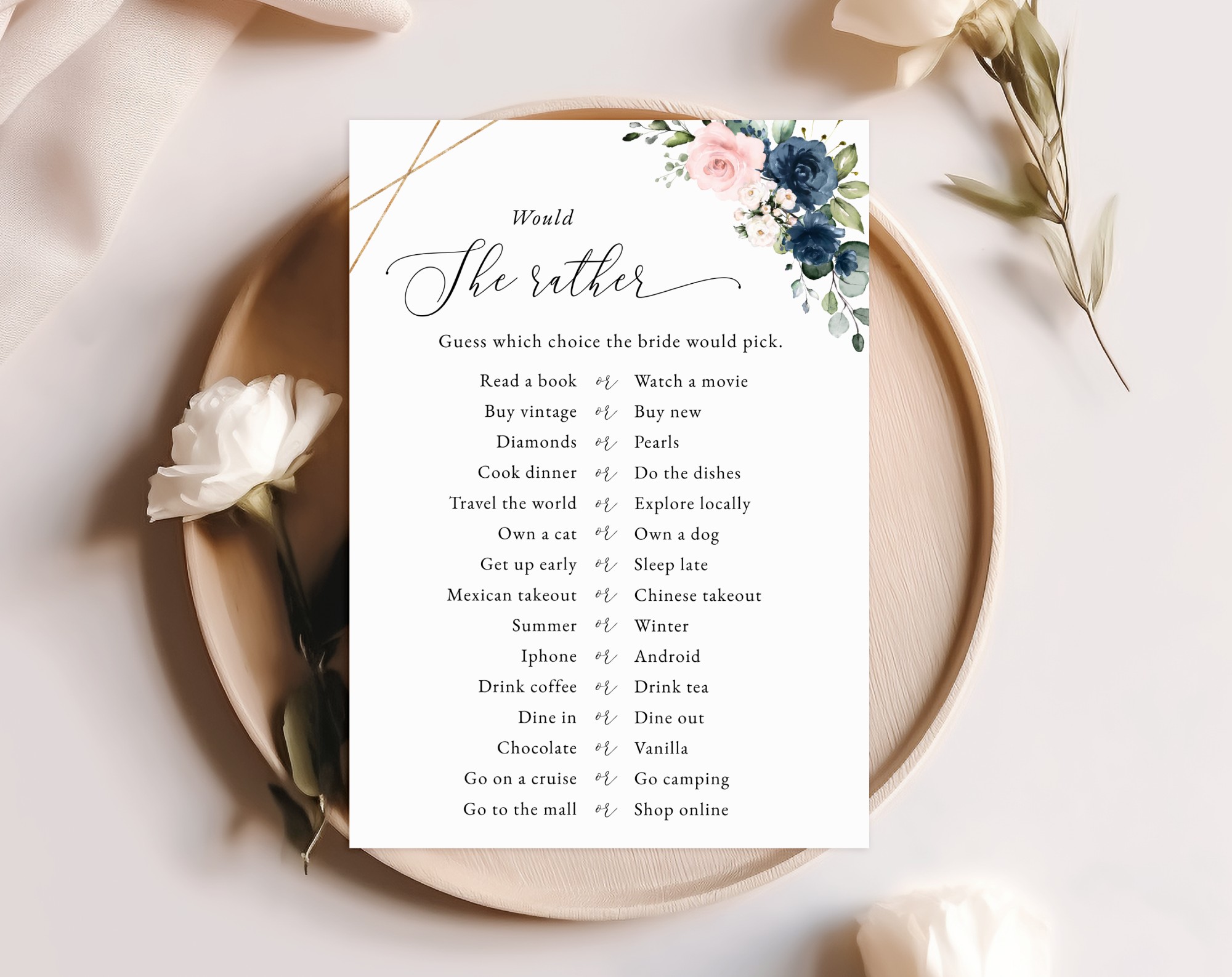 Navy and Pink Flowers Bridal Shower Games, Set of 3 Games, Printable File, Edit Yourself, SH181