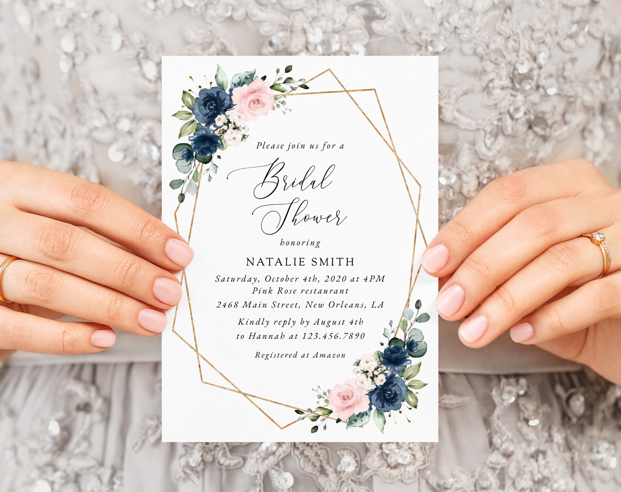 Navy and Pink Flowers Bridal Shower Invitation, Bridal Stationery, Printable File, Edit Yourself, SH181