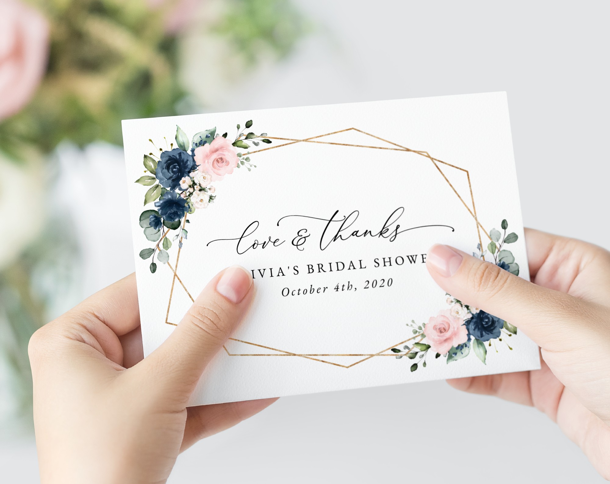 Navy and Pink Flowers Thank You Card, Bridal Shower Stationery, Printable File, Edit Yourself, SH181