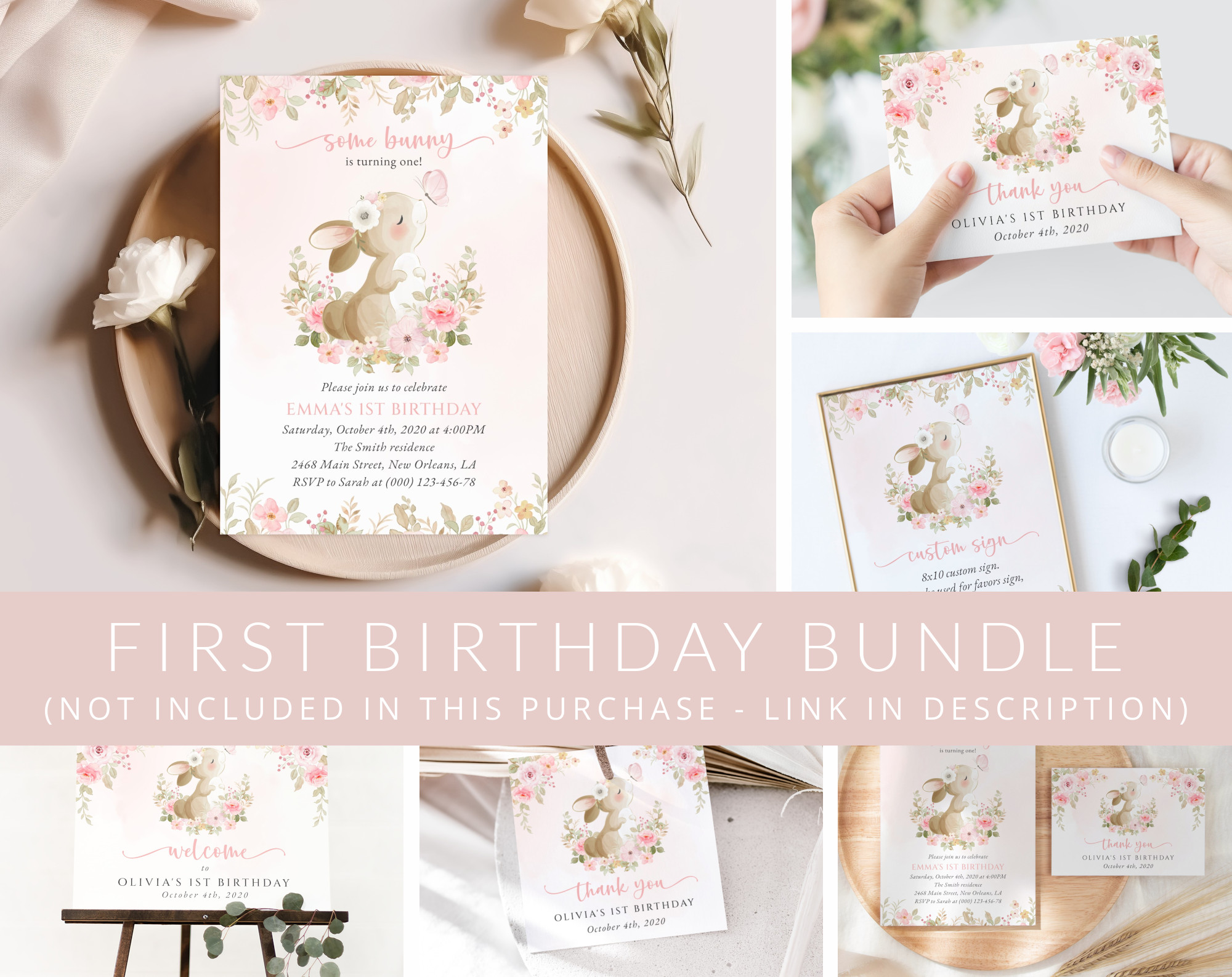 Cute Bunny and Pink Flowers First Birthday Mini Bundle, Girl Birthday, Printable File, Edit Yourself, SH182 Cute Bunny and Pink Flowers First Birthday Mini Bundle, Girl Birthday, Printable File, Edit Yourself, SH182
