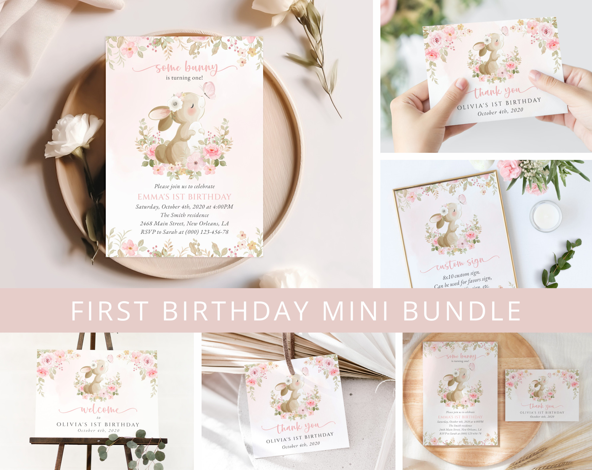 Cute Bunny and Pink Flowers First Birthday Mini Bundle, Girl Birthday, Printable File, Edit Yourself, SH182