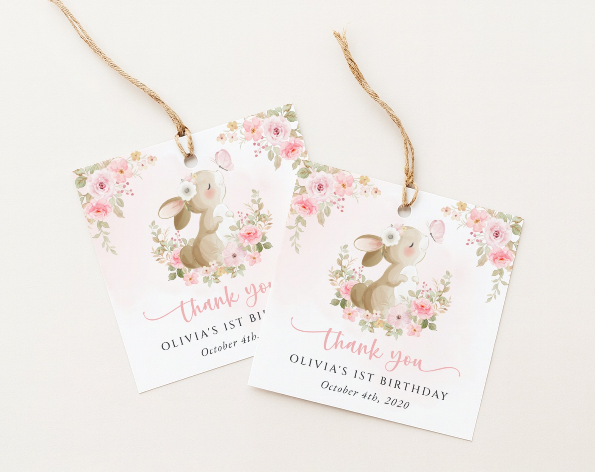 Cute Bunny and Pink Flowers Favor Tags, First Birthday, Girl Birthday, Printable File, Edit Yourself, SH182
