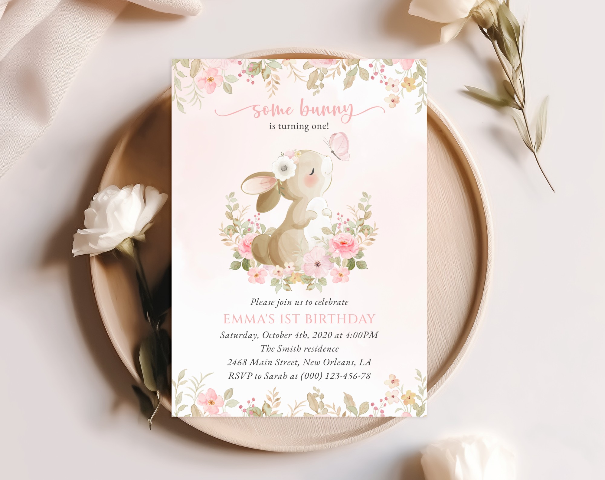 Cute Bunny and Pink Flowers First Birthday Invitation, Birthday Stationery, Girl Birthday, Printable File, Edit Yourself, SH182