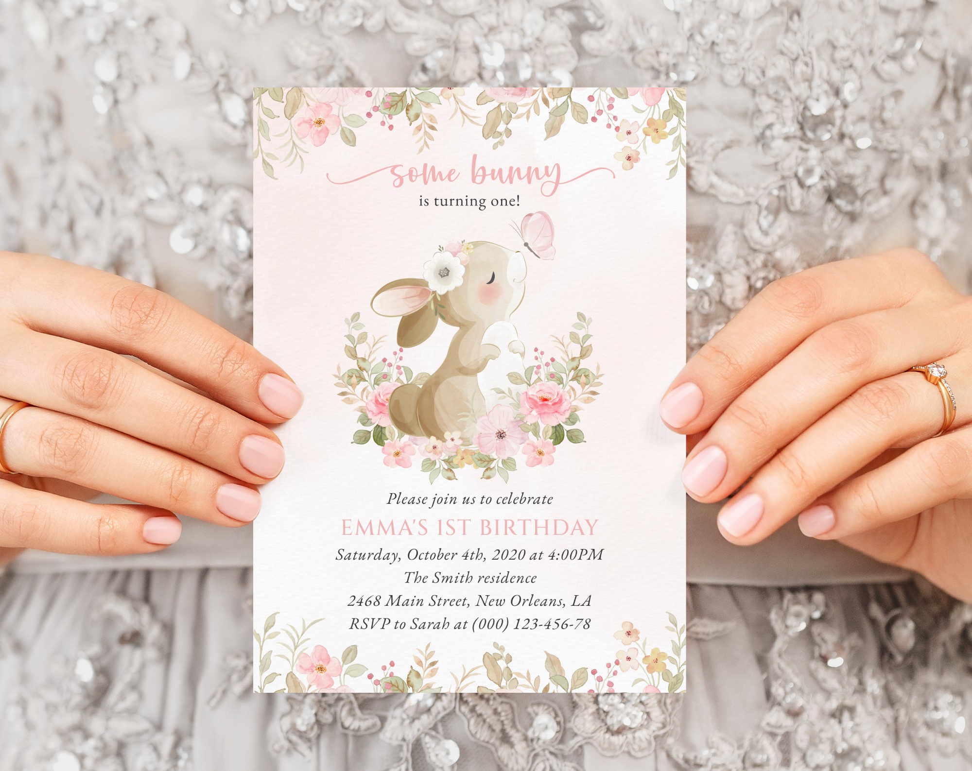 Cute Bunny and Pink Watercolor Flowers First Birthday Invitation, Birthday Stationery, Girl Birthday, Printable File, Edit Yourself, SH182