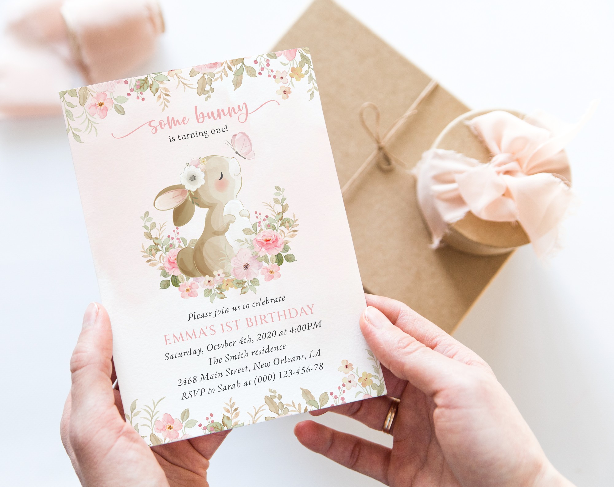 Cute Bunny and Pink Watercolor Flowers First Birthday Invitation, Birthday Stationery, Girl Birthday, Printable File, Edit Yourself, SH182