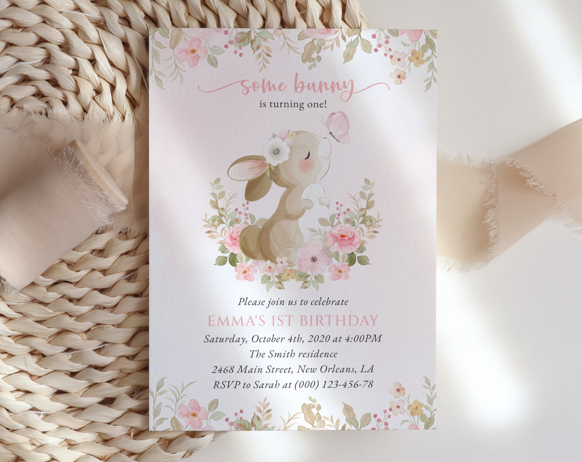 Cute Bunny and Pink Watercolor Flowers First Birthday Invitation, Birthday Stationery, Girl Birthday, Printable File, Edit Yourself, SH182