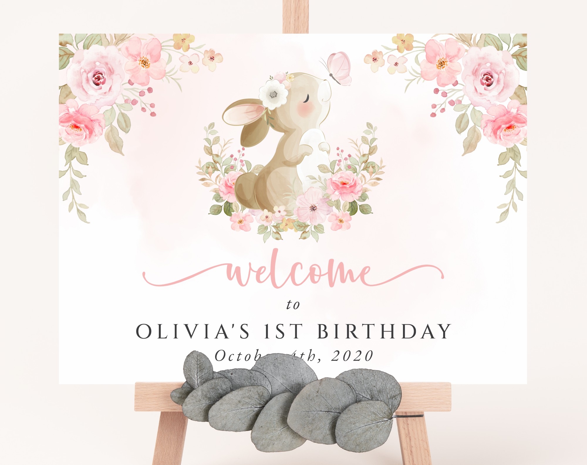 Cute Bunny and Pink Flowers Welcome Sign, First Birthday, Girl Birthday, Printable File, Edit Yourself, SH182 Cute Bunny and Pink Flowers Welcome Sign, First Birthday, Girl Birthday, Printable File, Edit Yourself, SH182