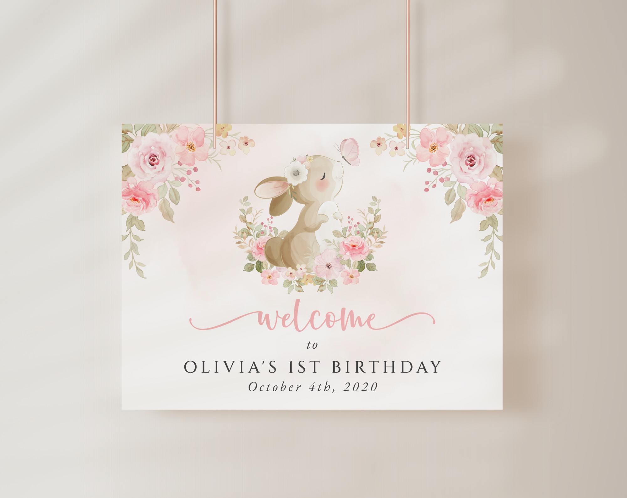 Cute Bunny and Pink Flowers Welcome Sign, First Birthday, Girl Birthday, Printable File, Edit Yourself, SH182 Cute Bunny and Pink Flowers Welcome Sign, First Birthday, Girl Birthday, Printable File, Edit Yourself, SH182