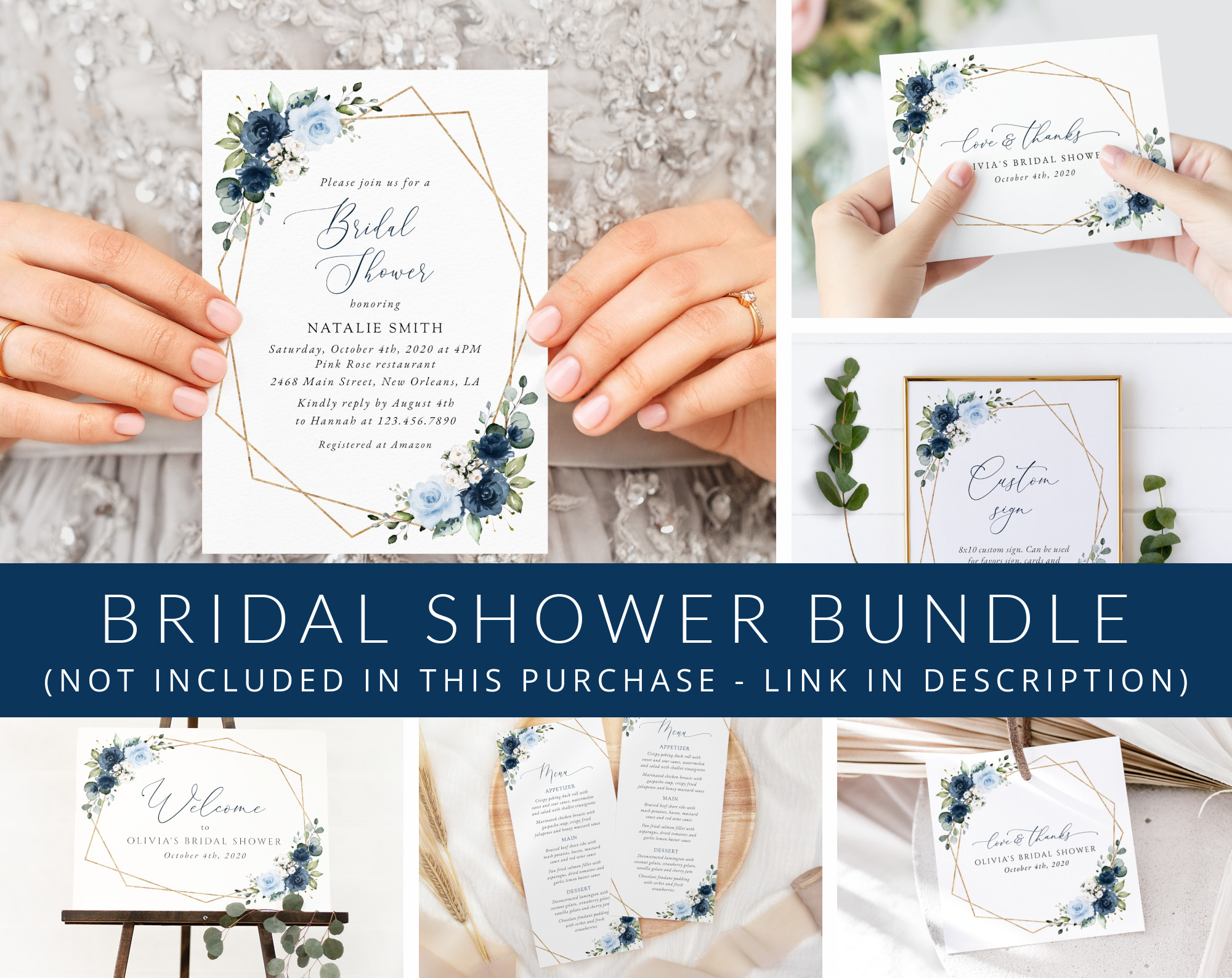 Navy and Blue Flowers Bridal Shower Mini Bundle, Printable File, Edit Yourself, SH183