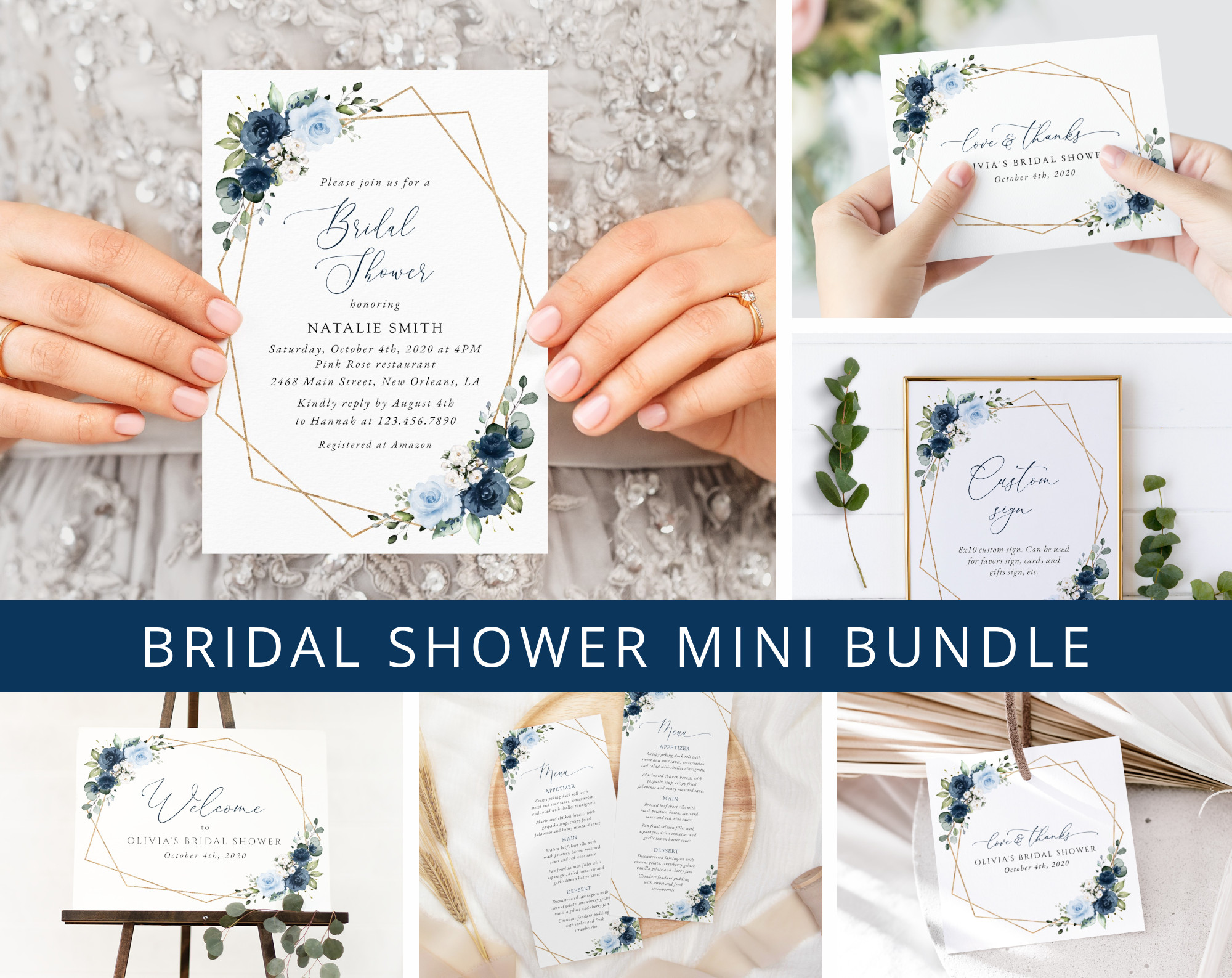 Navy and Blue Flowers Bridal Shower Mini Bundle, Printable File, Edit Yourself, SH183