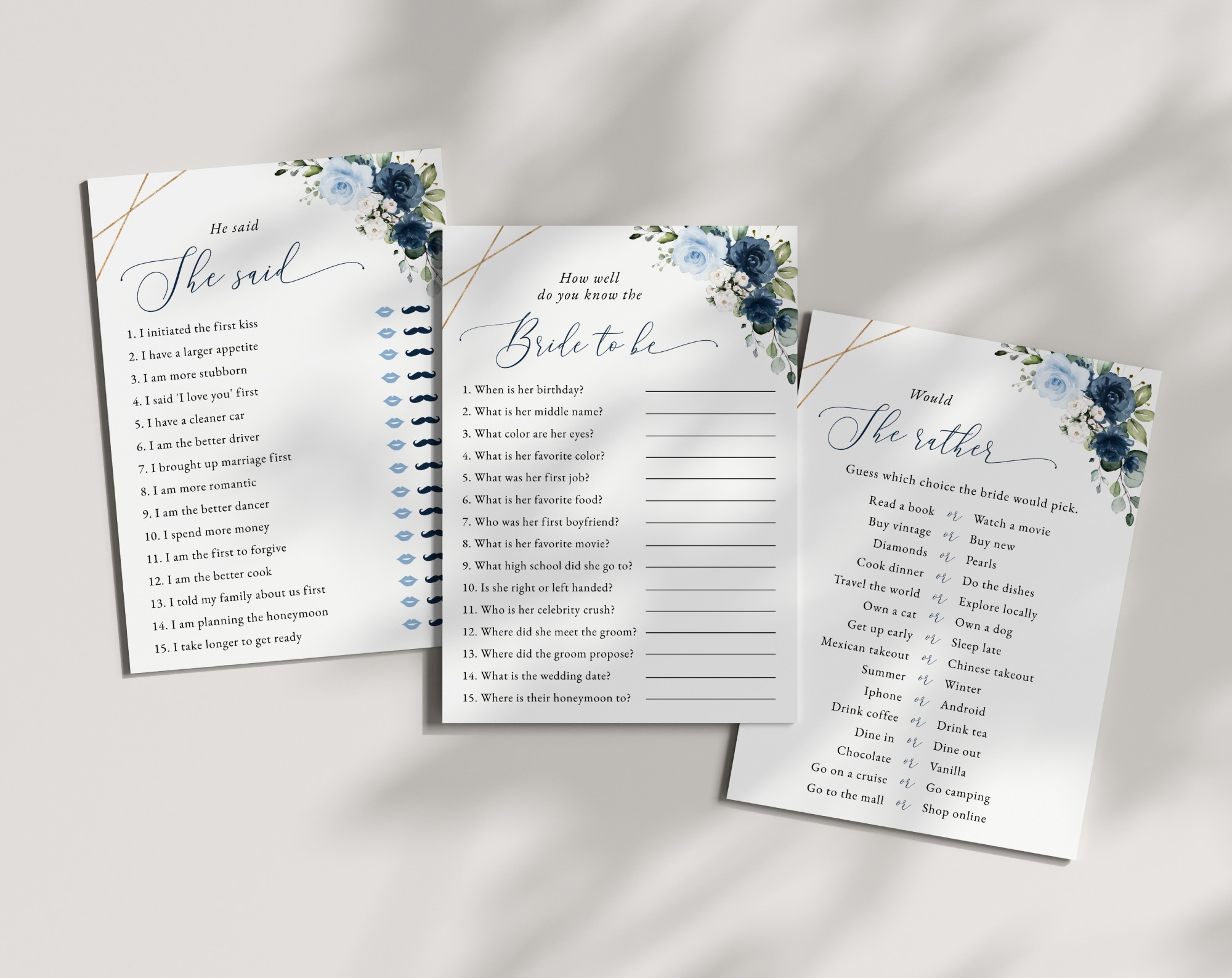 Navy and Blue Flowers Bridal Shower Games, Set of 3 Games, Printable File, Edit Yourself, SH183